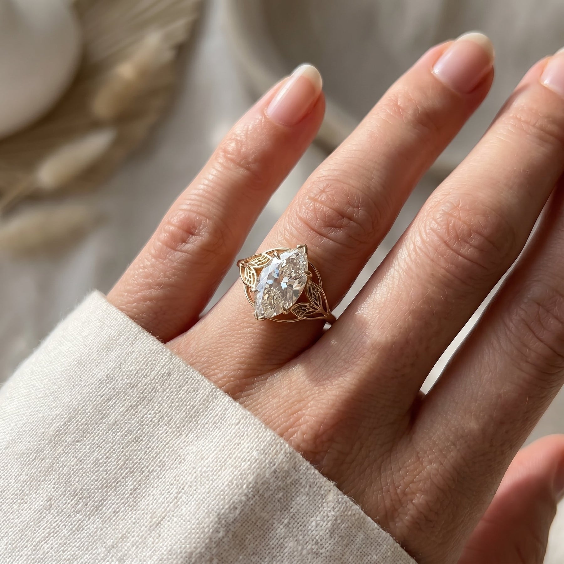 Solitaire Leaf Design Marquise Cut Diamond Engagement Ring