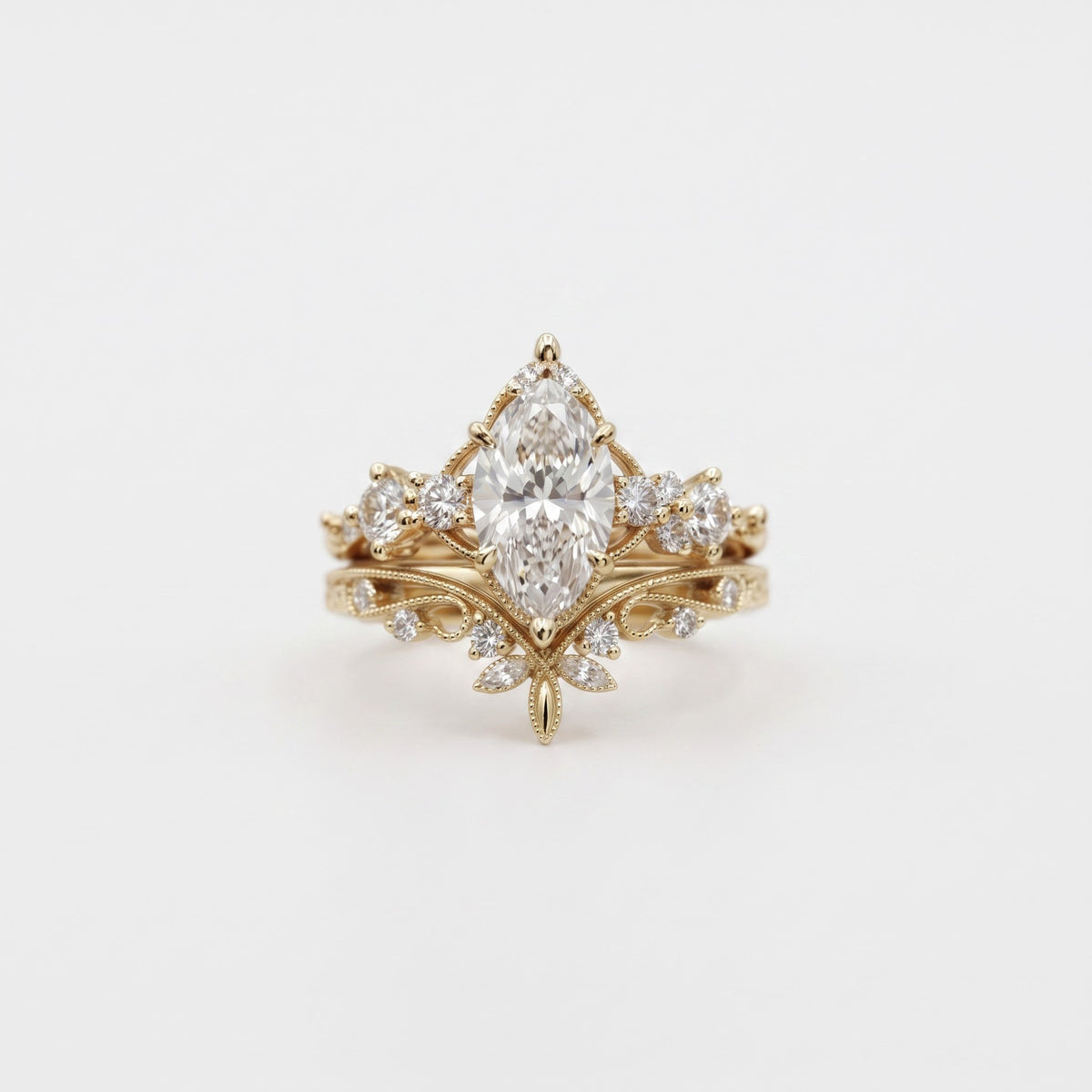 Marquise Lab Diamond Engagement Ring,Gold Vintage Floral Ring, Art Deco Inspired Bridal Statement Ring, Luxury Wedding Gift