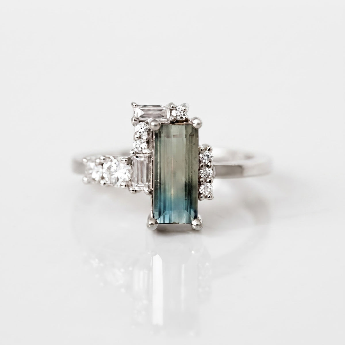 Gold Statement Cocktail Ring,Emerald Cut Blue-Green Gemstone Ring, Lab Diamond Baguette & Round Diamond Cluster