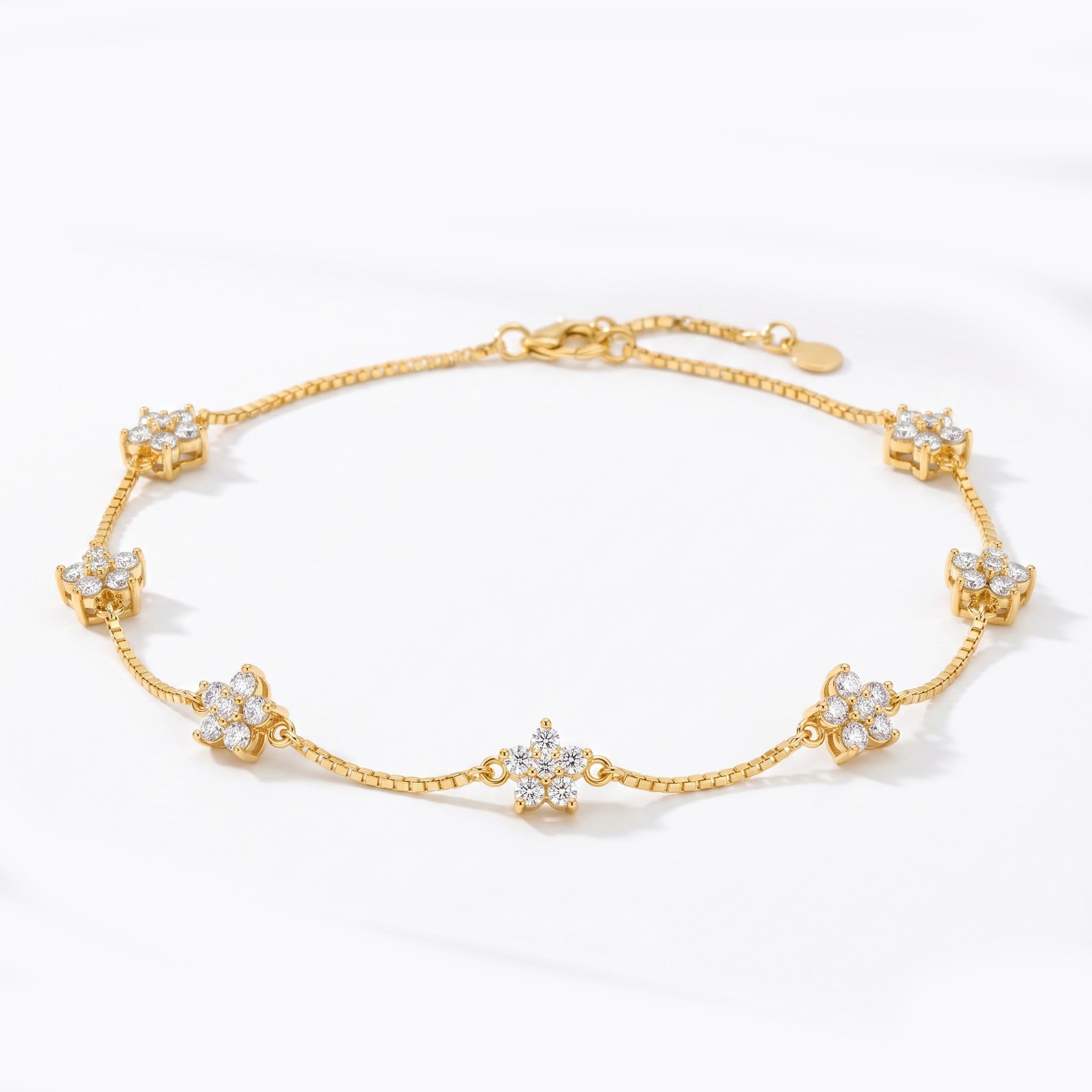 Floral diamond-cluster anklet with fine articulated chain