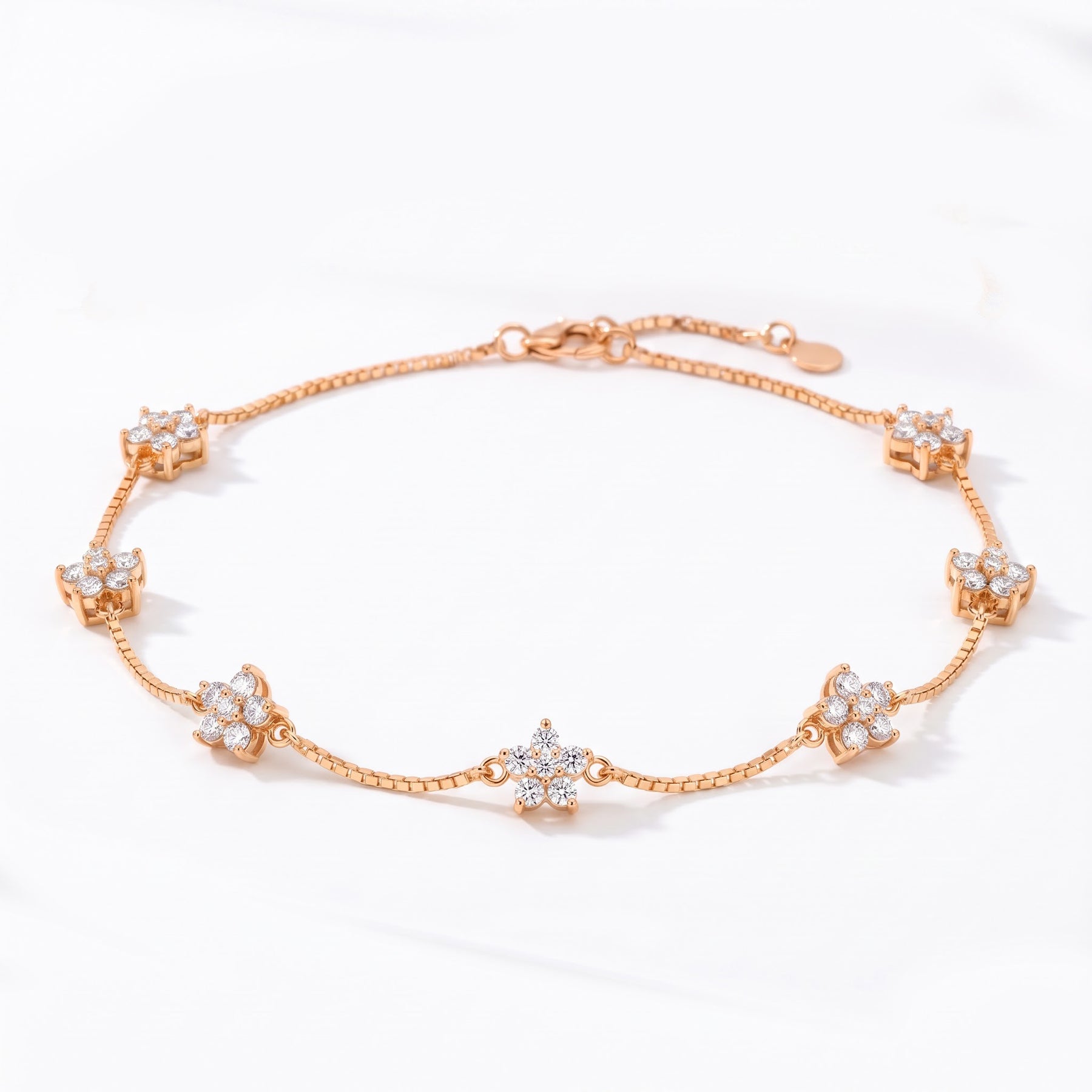 Floral diamond-cluster anklet with fine articulated chain