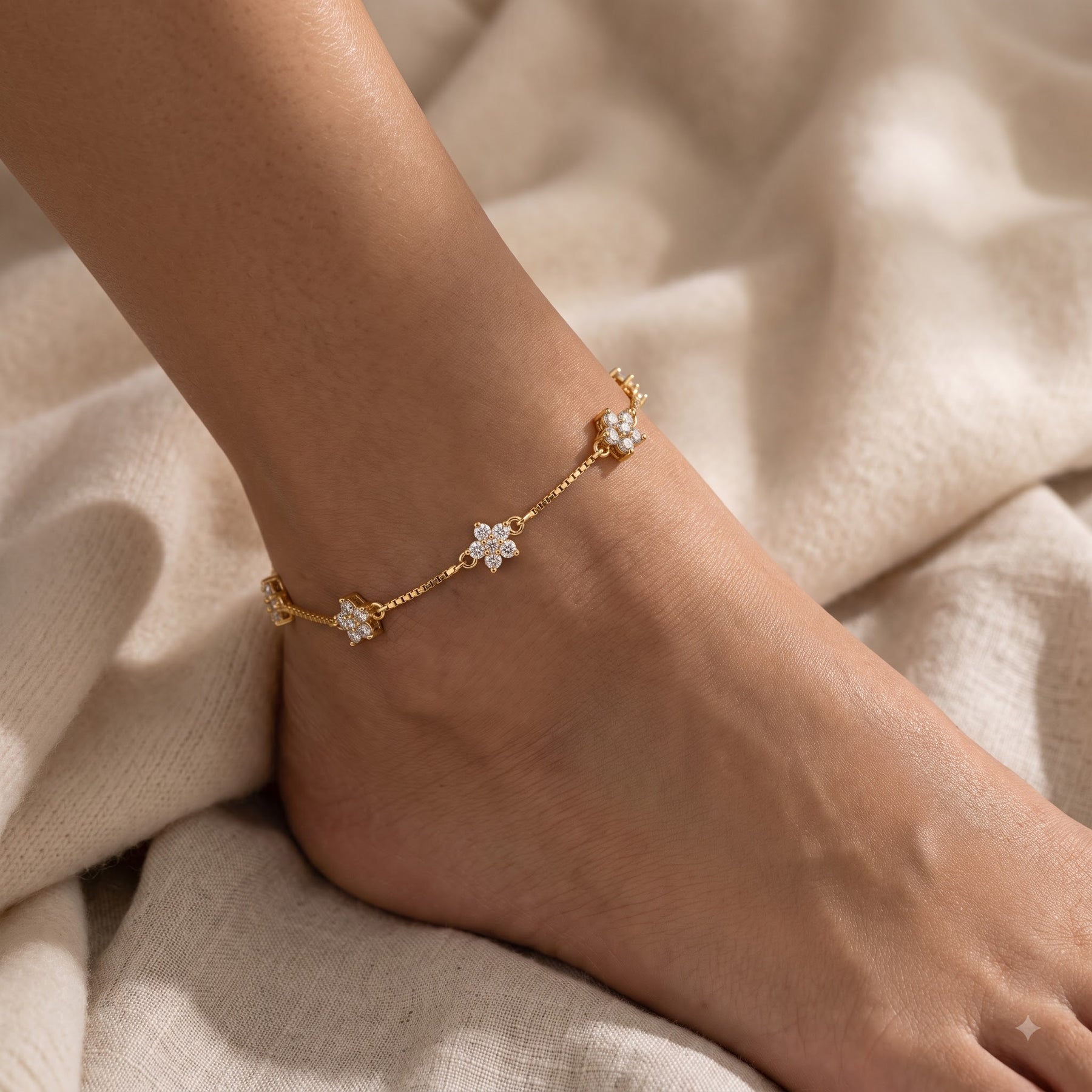 Floral diamond-cluster anklet with fine articulated chain