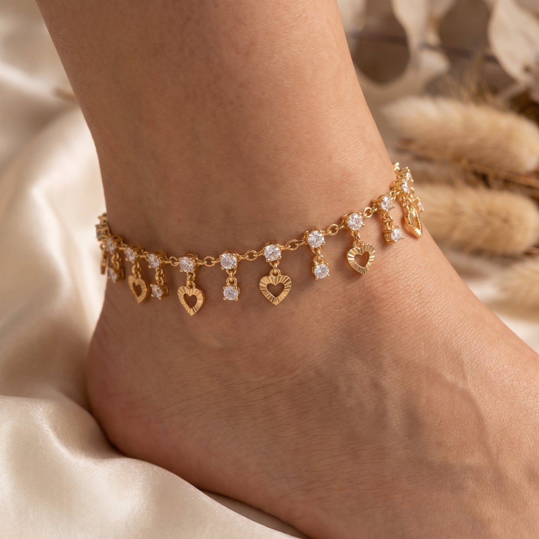 luxury diamond-and-heart charm anklet