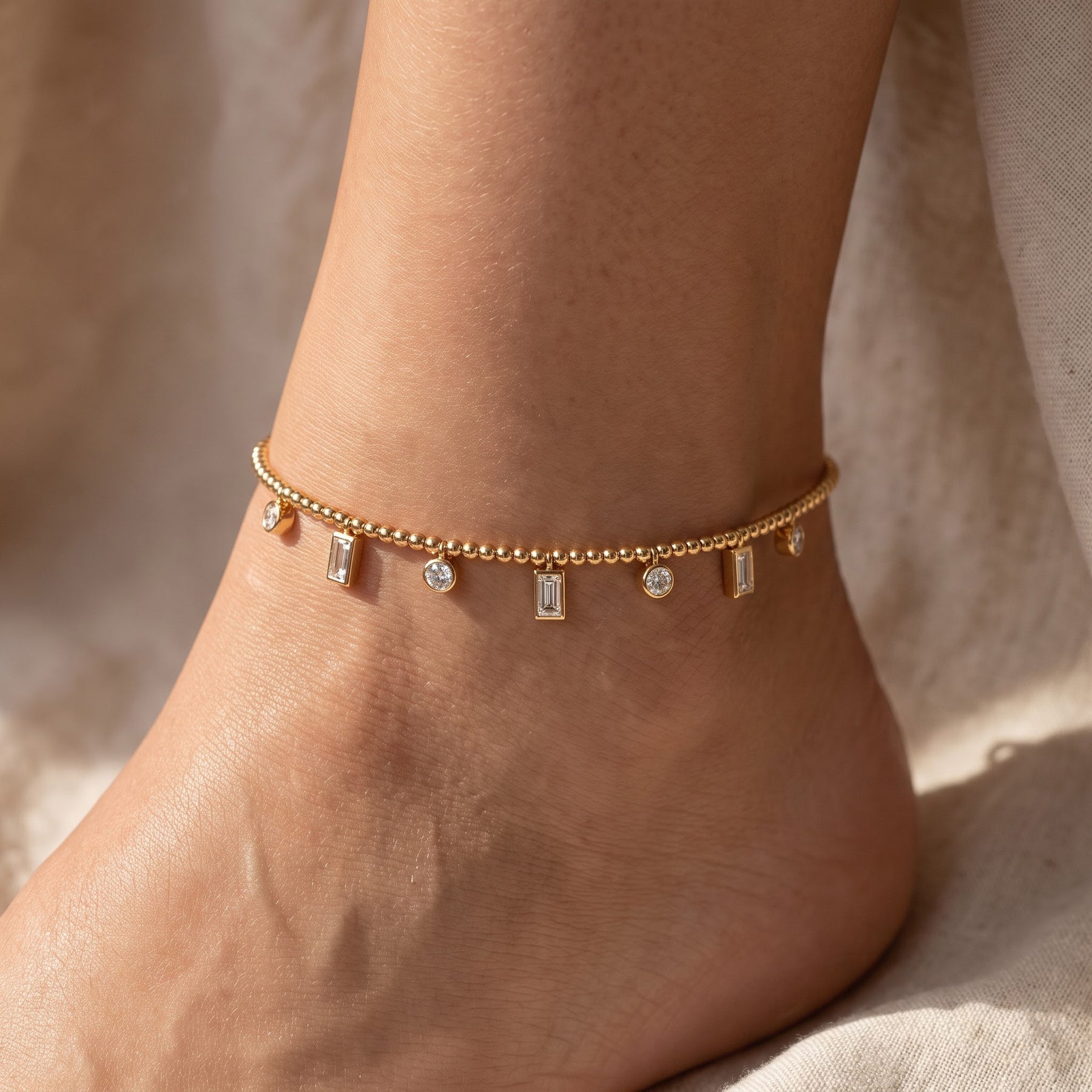 Round & Baguette Diamond Charm Ankle Bracelet