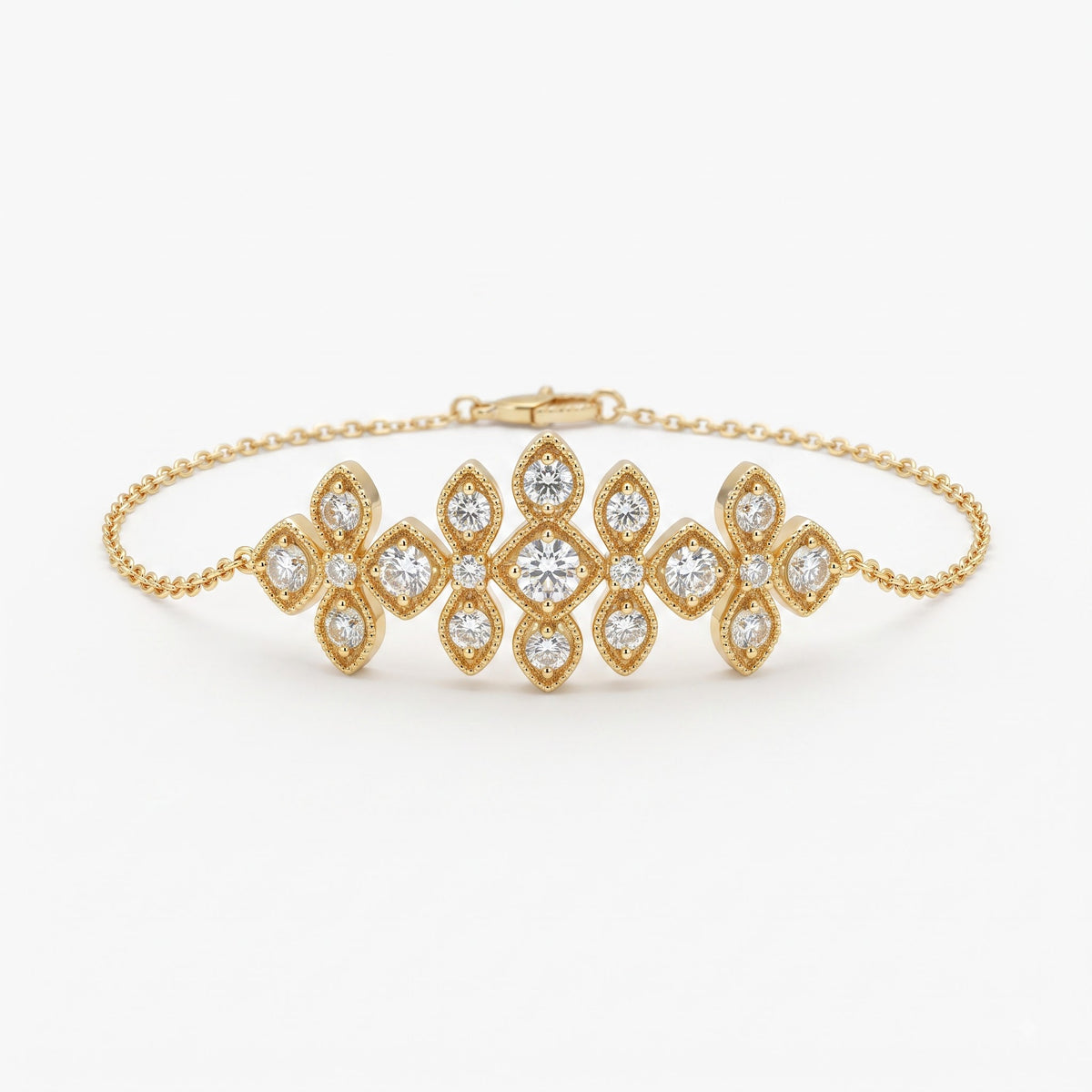 A yellow gold chain bracelet featuring a central diamond cluster motif with five diamond-studded diamond-shaped links, photographed on a clean white background.