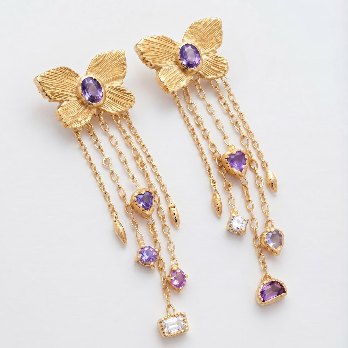 Amethyst Butterfly Drop Earrings | Long Dangle Earrings, Marquise & Emerald Cut Diamond Accents