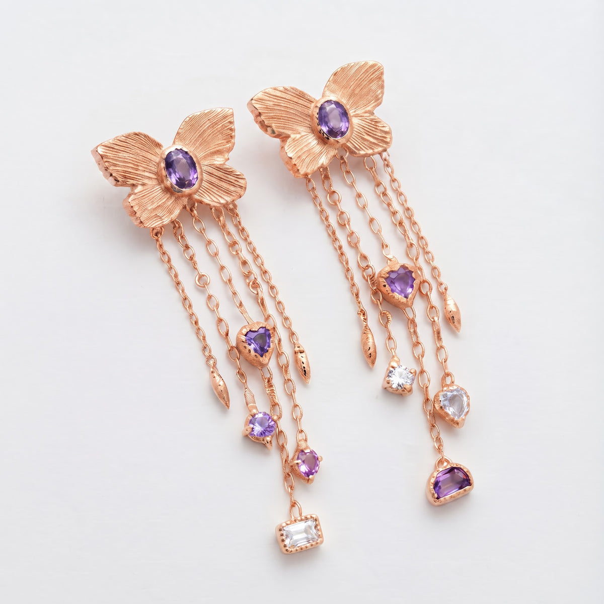 Amethyst Butterfly Drop Earrings | Long Dangle Earrings, Marquise & Emerald Cut Diamond Accents