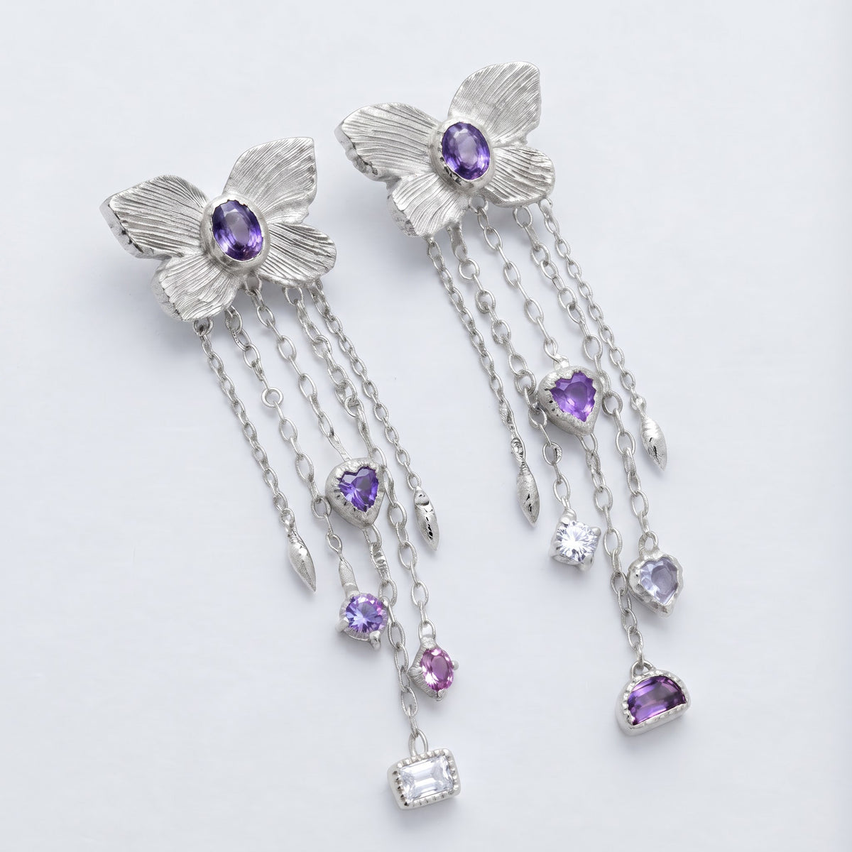 Amethyst Butterfly Drop Earrings | Long Dangle Earrings, Marquise & Emerald Cut Diamond Accents
