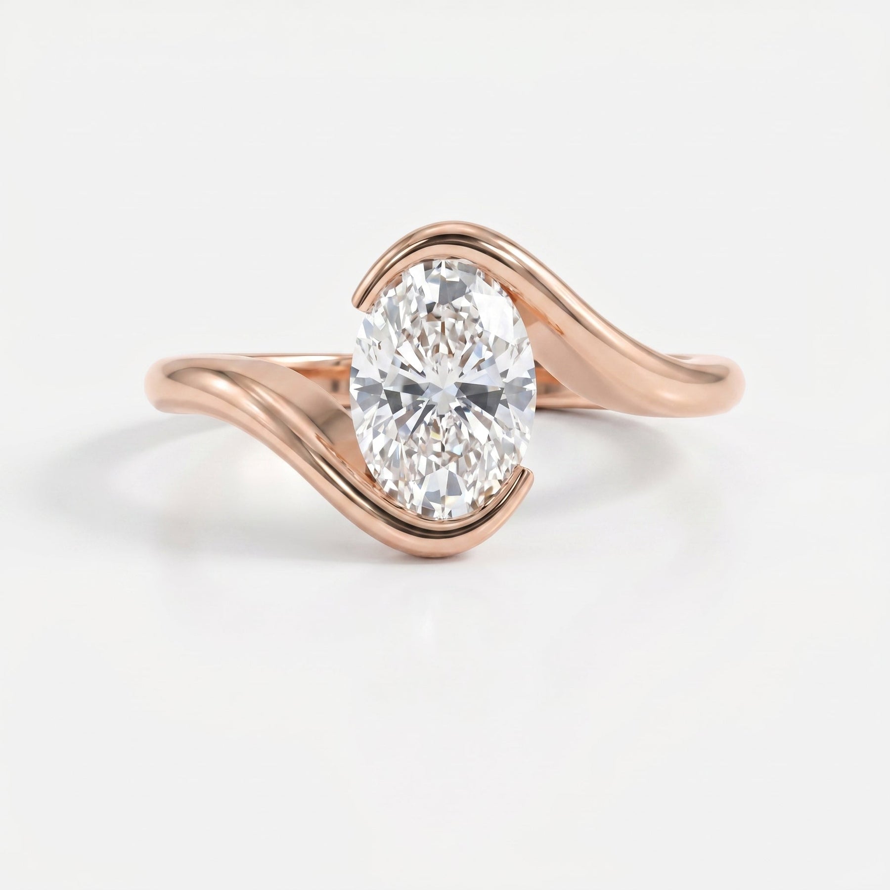 Modern Twist Bypass Design Oval Diamond Solitaire Ring