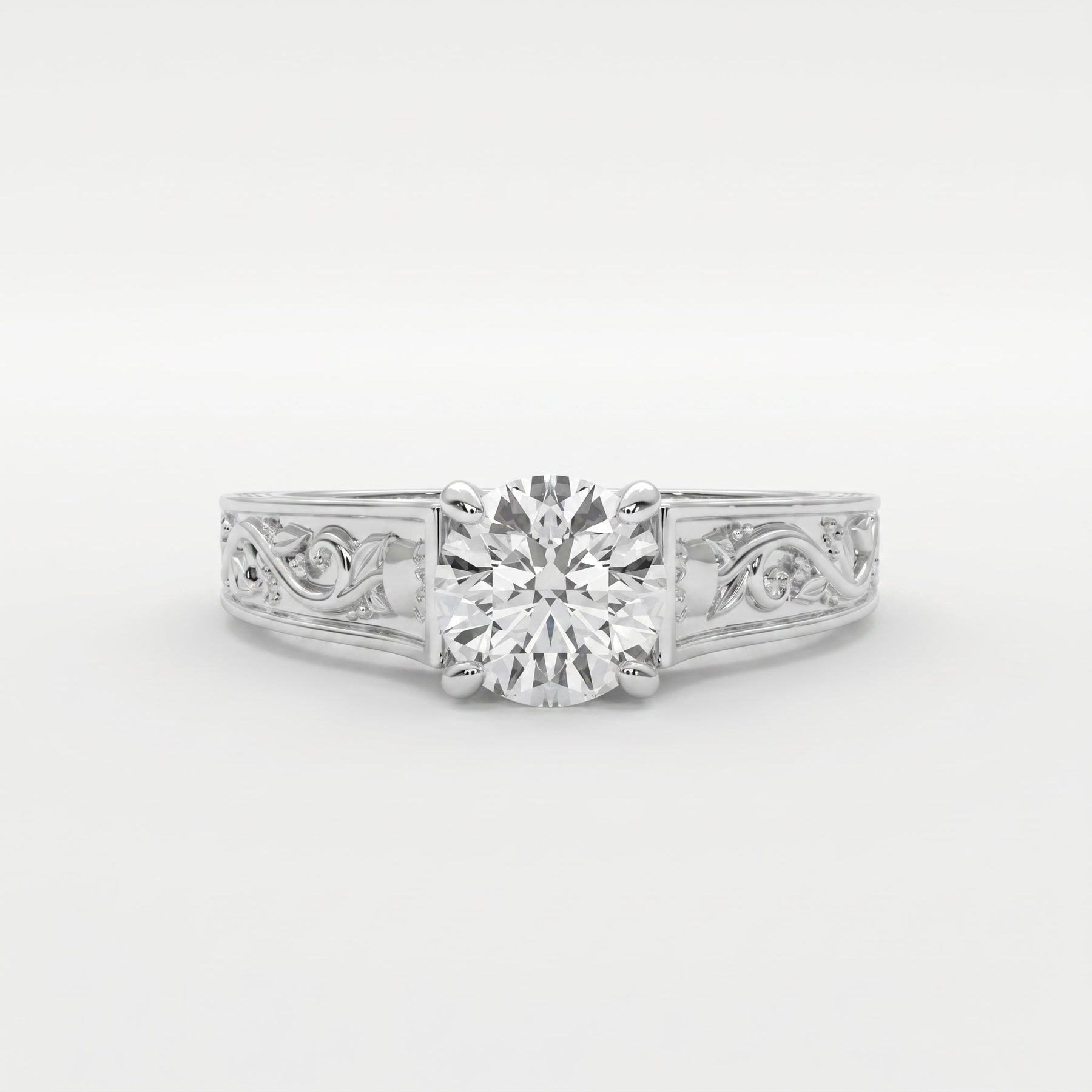 Vintage Floral Engraved Round Cut Diamond Engagement Ring