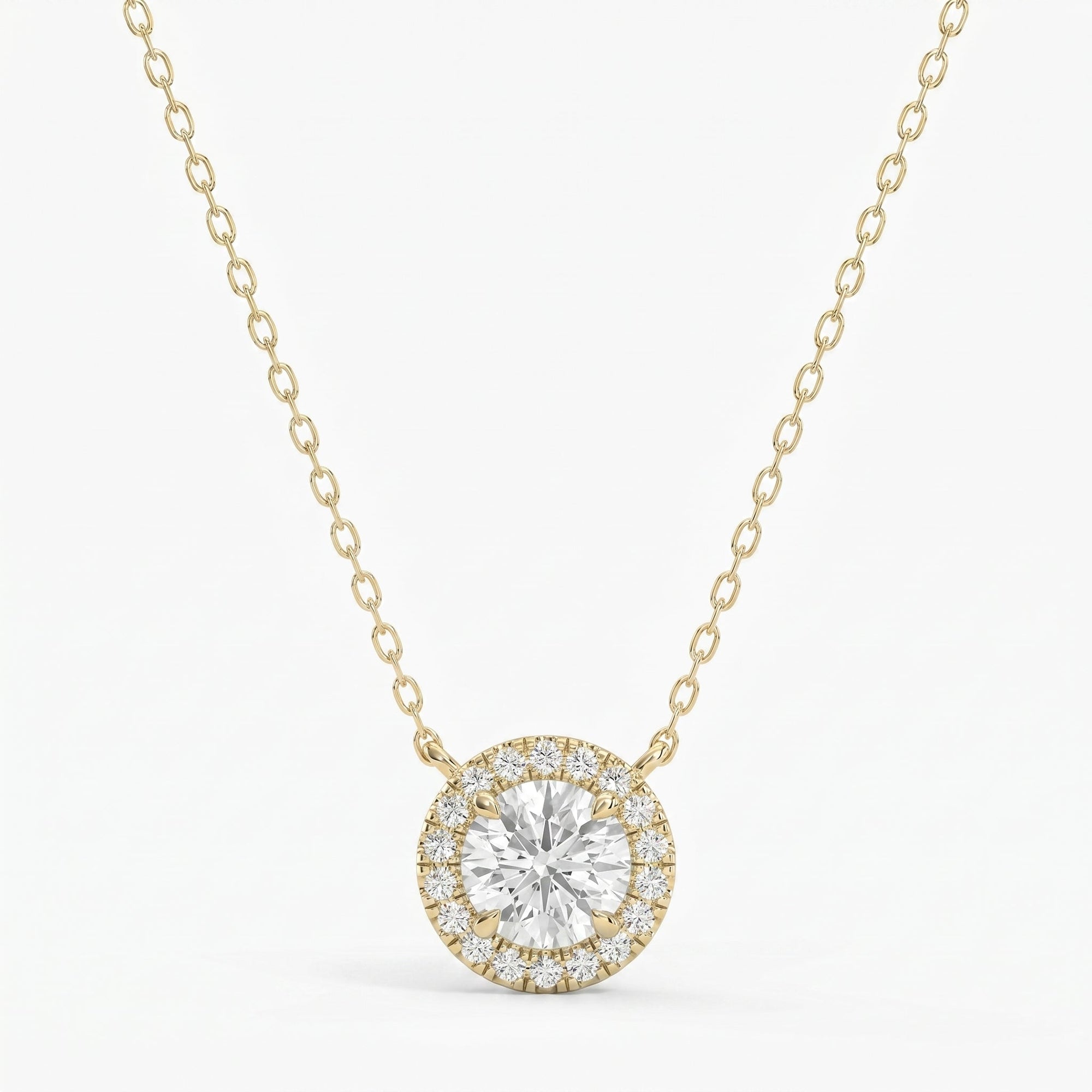 Round Shape Diamond and Side Stone Halo Design Necklace