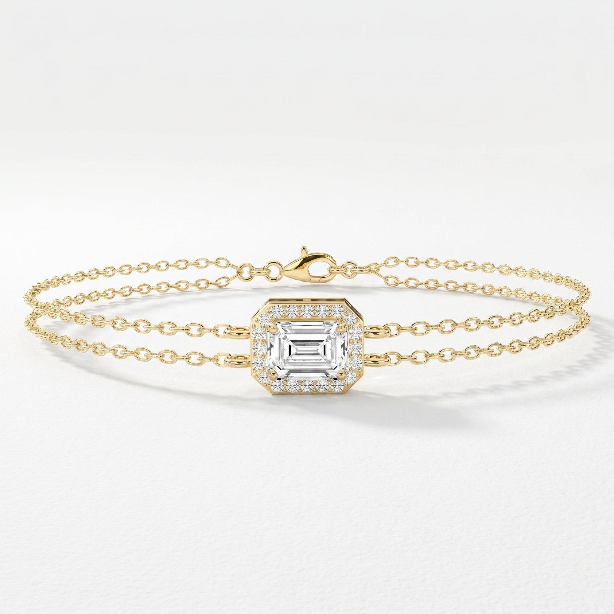 Diamond Bracelet Chain with Emerald Cut Halo Center – Double Chain Elegant Design