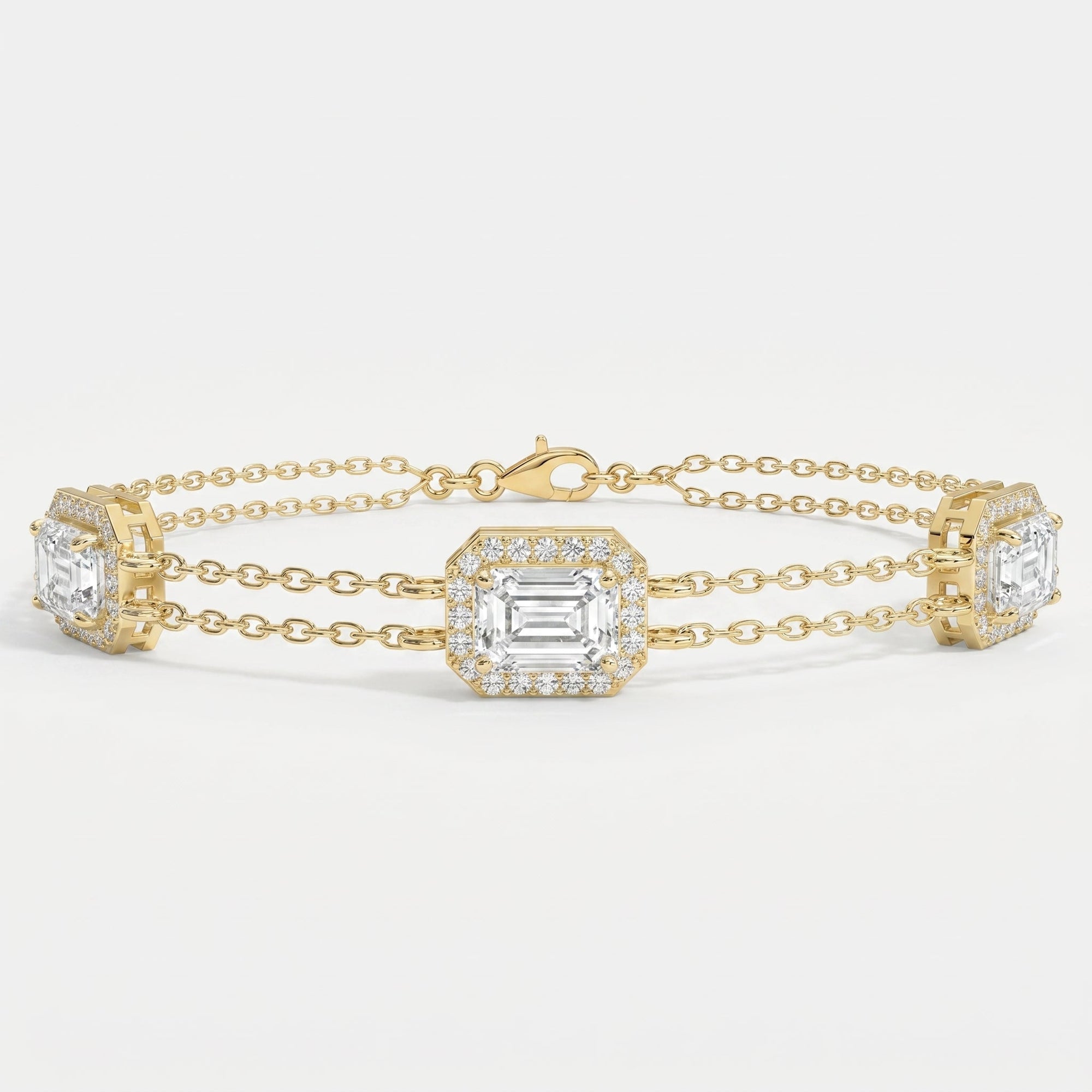 Emerald Cut Diamond Halo Double Chain Statement Design Bracelet