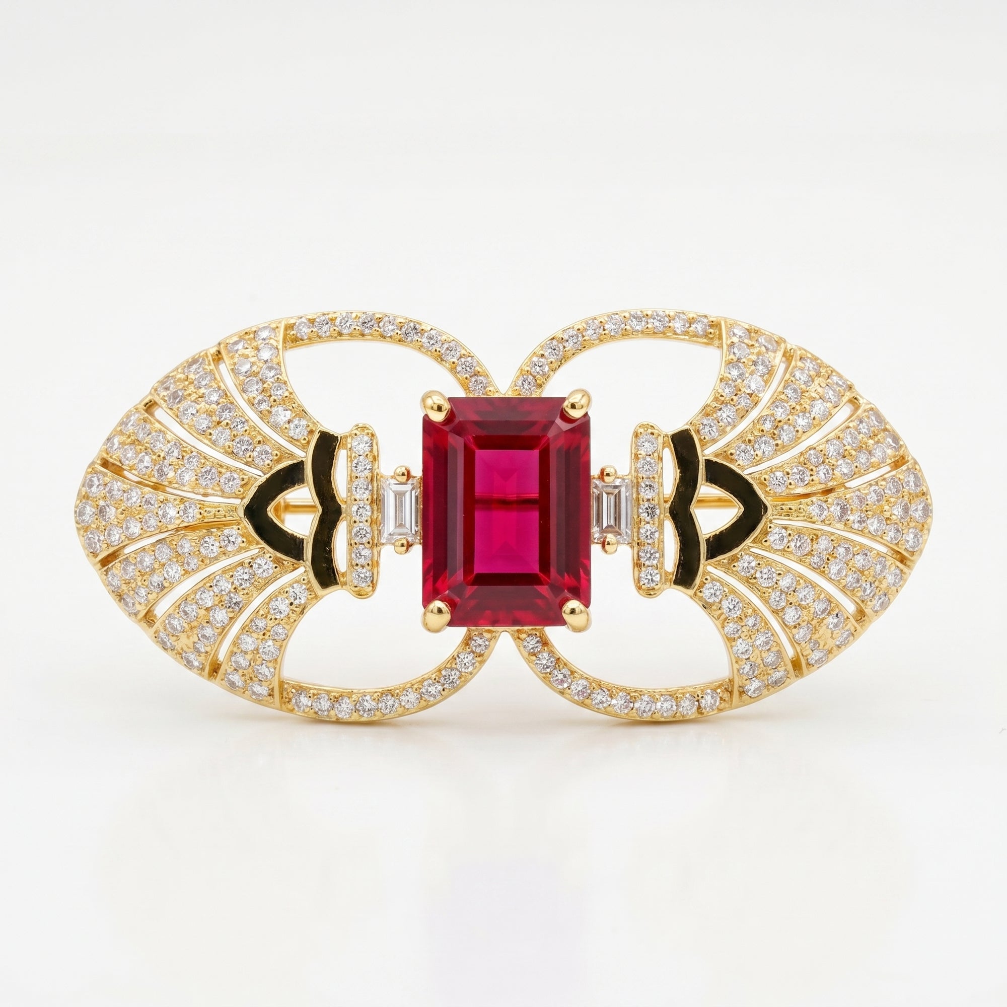 Emerald Cut Ruby Diamond Brooch