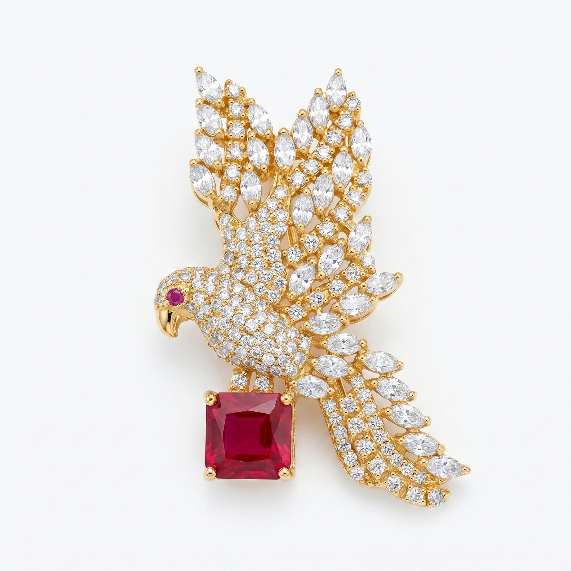 Ruby Bird Brooch, Red Emerald Cut Gemstone Diamond Pin
