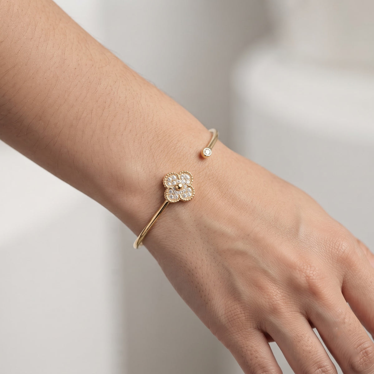 Round Diamond Clover Cuff Bracelet | Vintage Inspired Luxury Jewelry