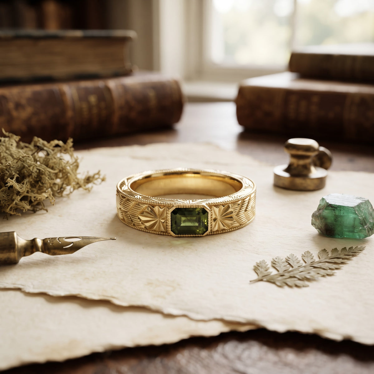 Men’s Green Tourmaline Gold Ring | Vintage Engraved Band