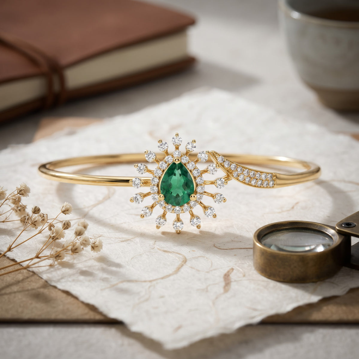 Pear Cut Emerald Diamond Bangle Bracelet | Sunburst Halo Cuff