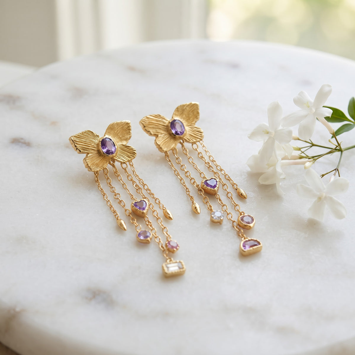 Amethyst Butterfly Drop Earrings | Long Dangle Earrings, Marquise & Emerald Cut Diamond Accents