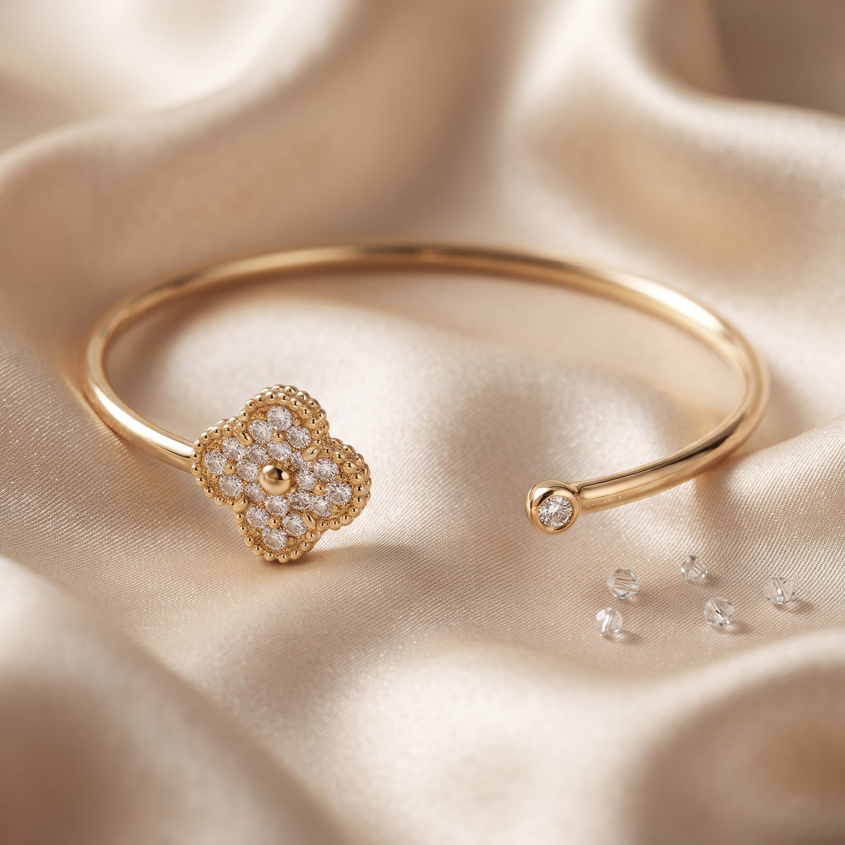 Round Diamond Clover Cuff Bracelet | Vintage Inspired Luxury Jewelry