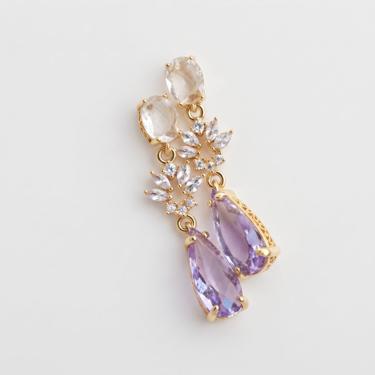 Amethyst Drop Earrings with White Quartz & Diamond Floral Accents