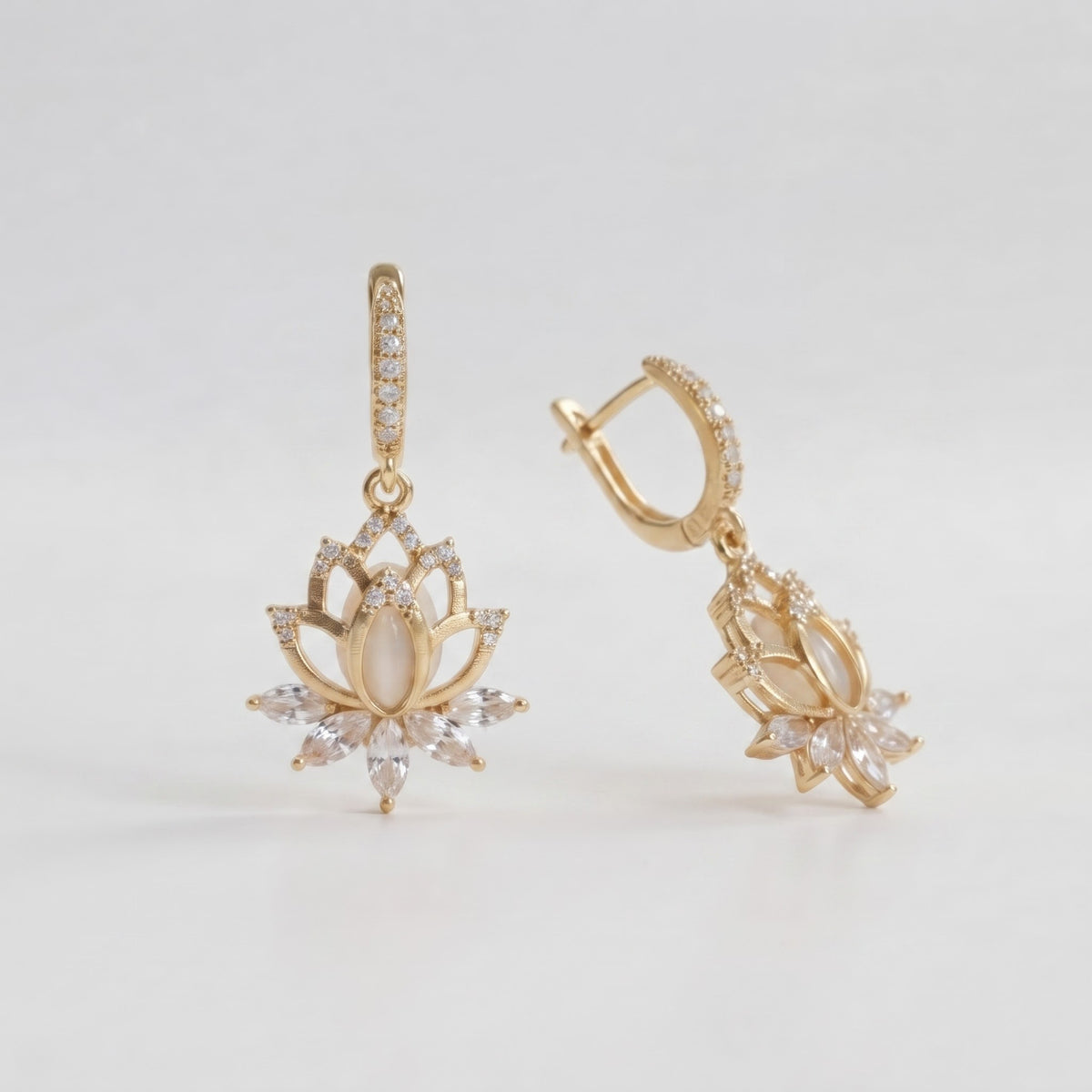 Lotus Flower Drop Earrings | Floral Dangle Earrings, Pear Cut Diamond Earrings