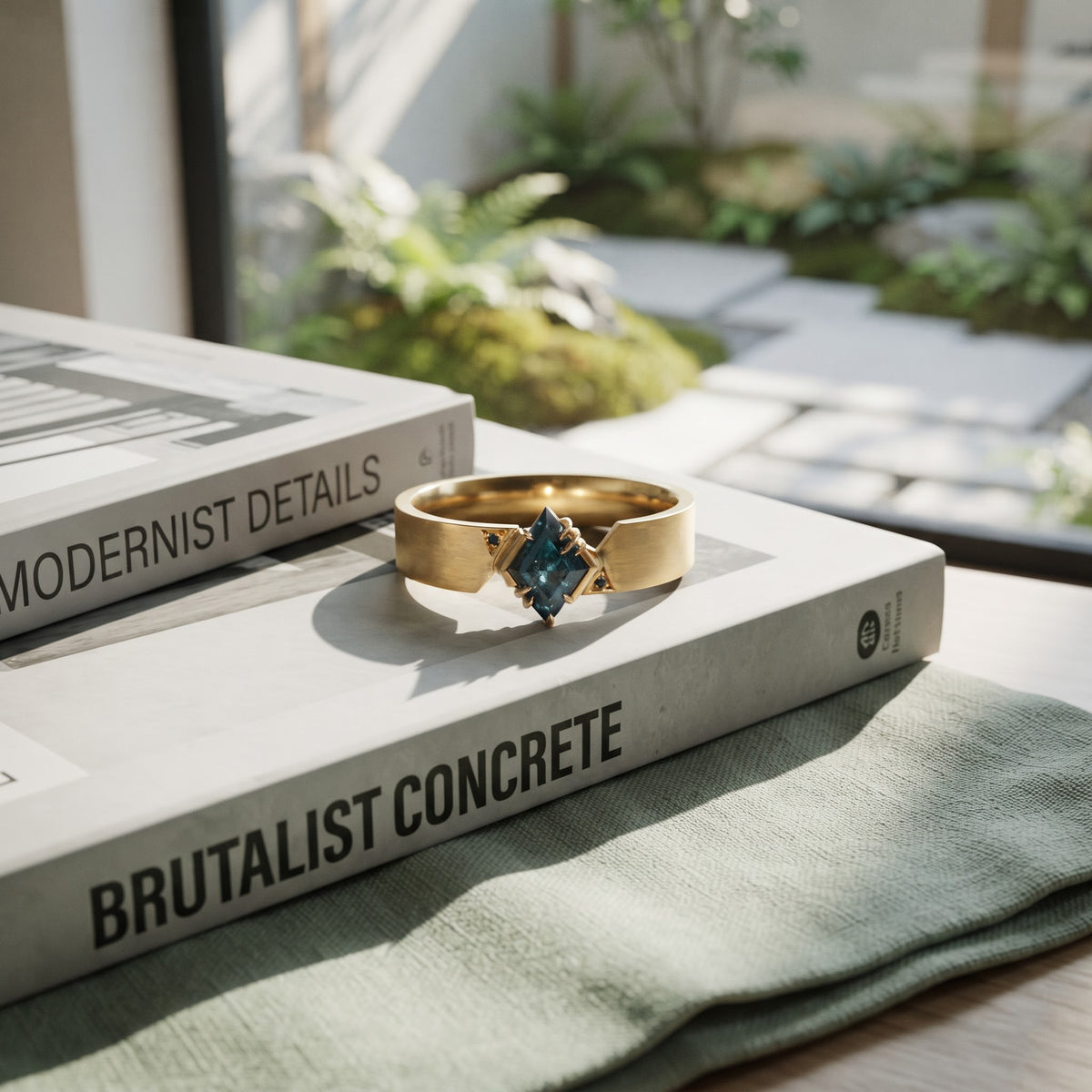 Kite Cut Blue Green Sapphire Modern Men's Statement Ring