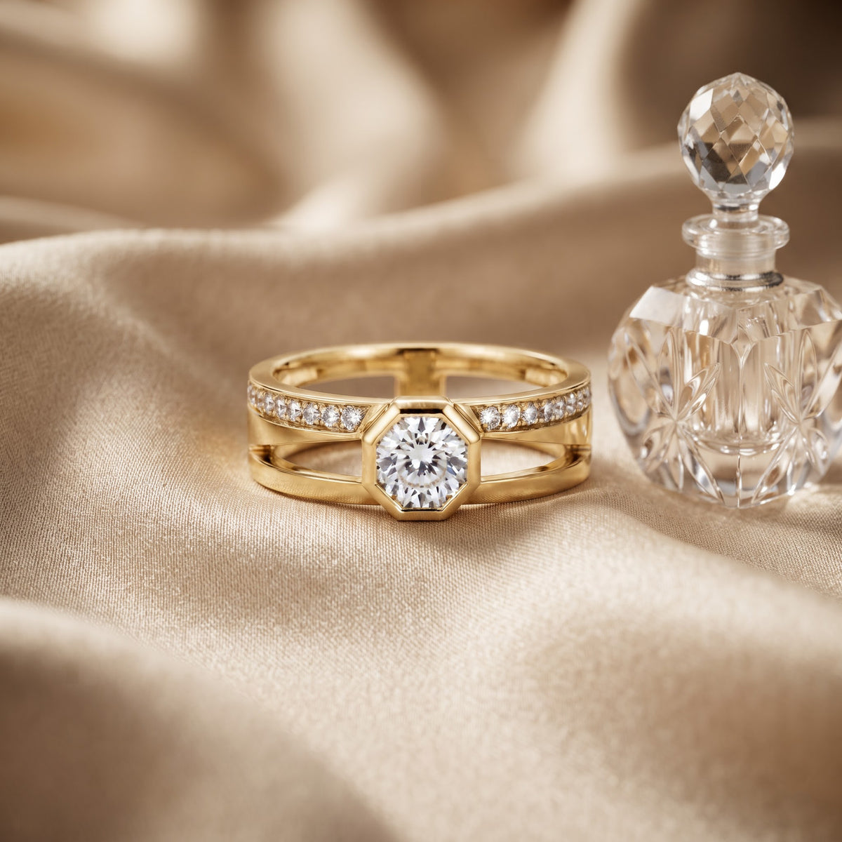 Hexagon Bezel Round Lab Diamond Split Shank Engagement Ring