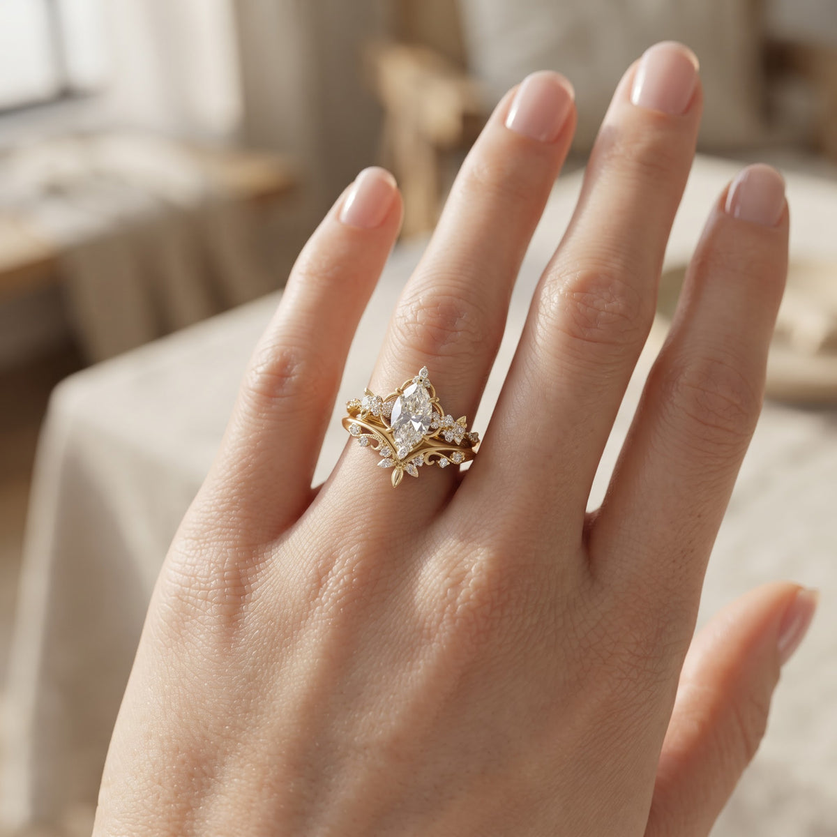 Marquise Lab Diamond Engagement Ring,Gold Vintage Floral Ring, Art Deco Inspired Bridal Statement Ring, Luxury Wedding Gift