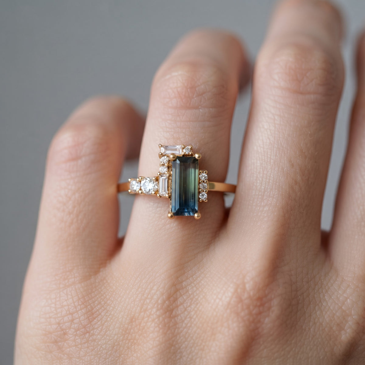 Gold Statement Cocktail Ring,Emerald Cut Blue-Green Gemstone Ring, Lab Diamond Baguette & Round Diamond Cluster