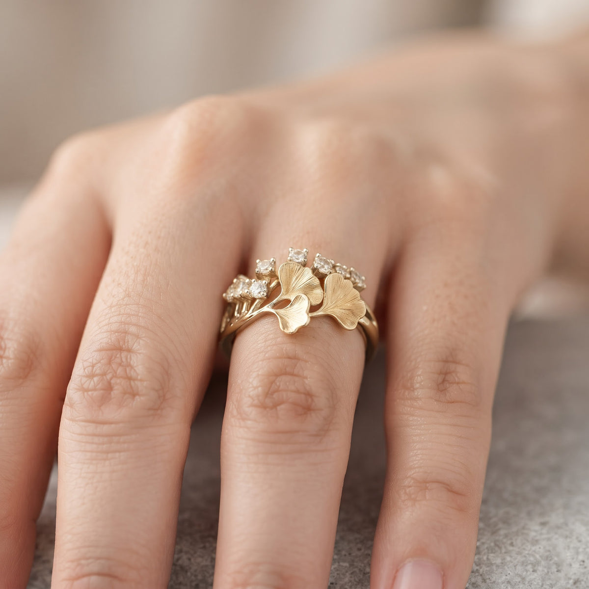 Ginkgo Leaf Nature Inspired Statement Diamond Ring