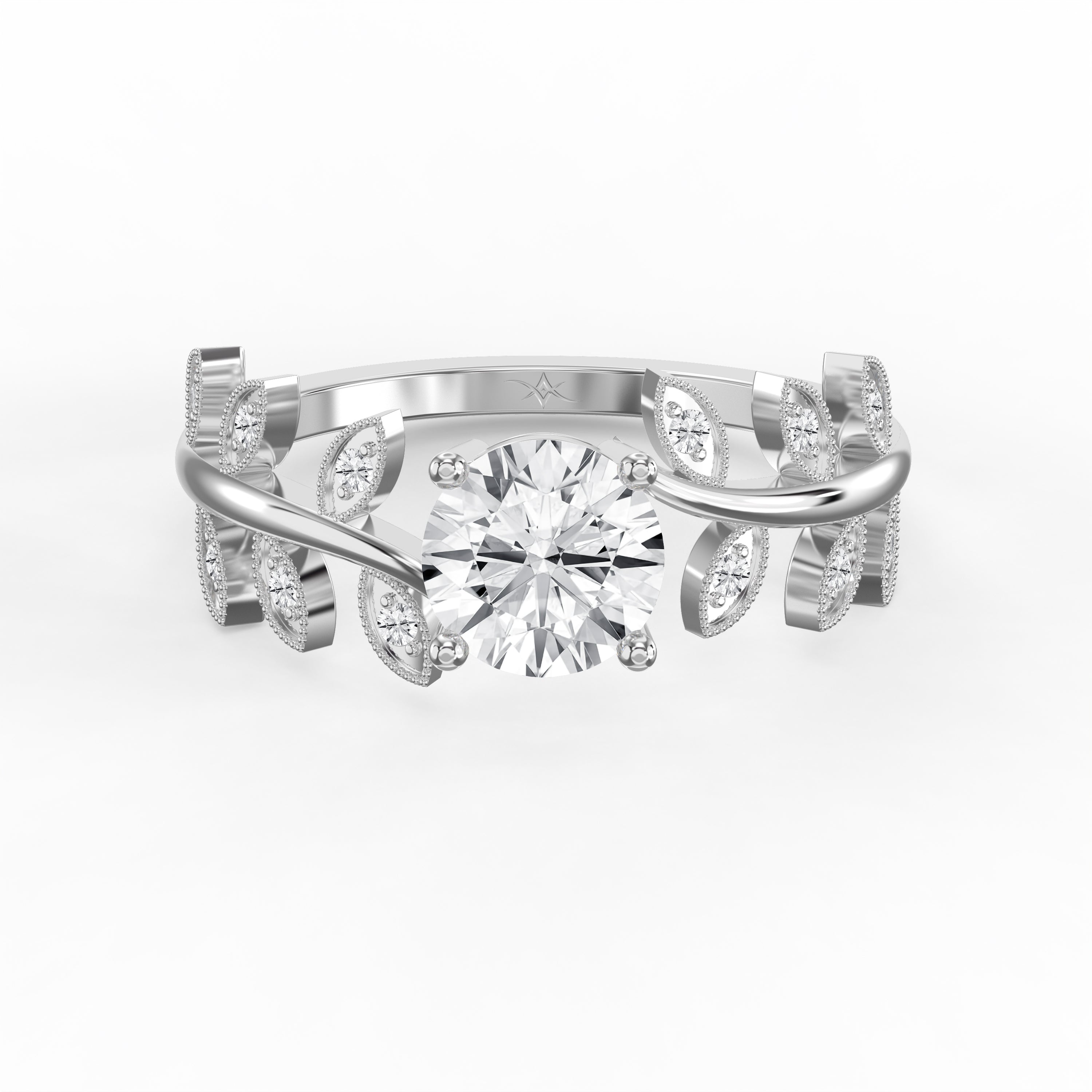 Luxury Floral Swirl Ring with Round Cut Center Stone – Elegant Nature-Inspired Statement Ring