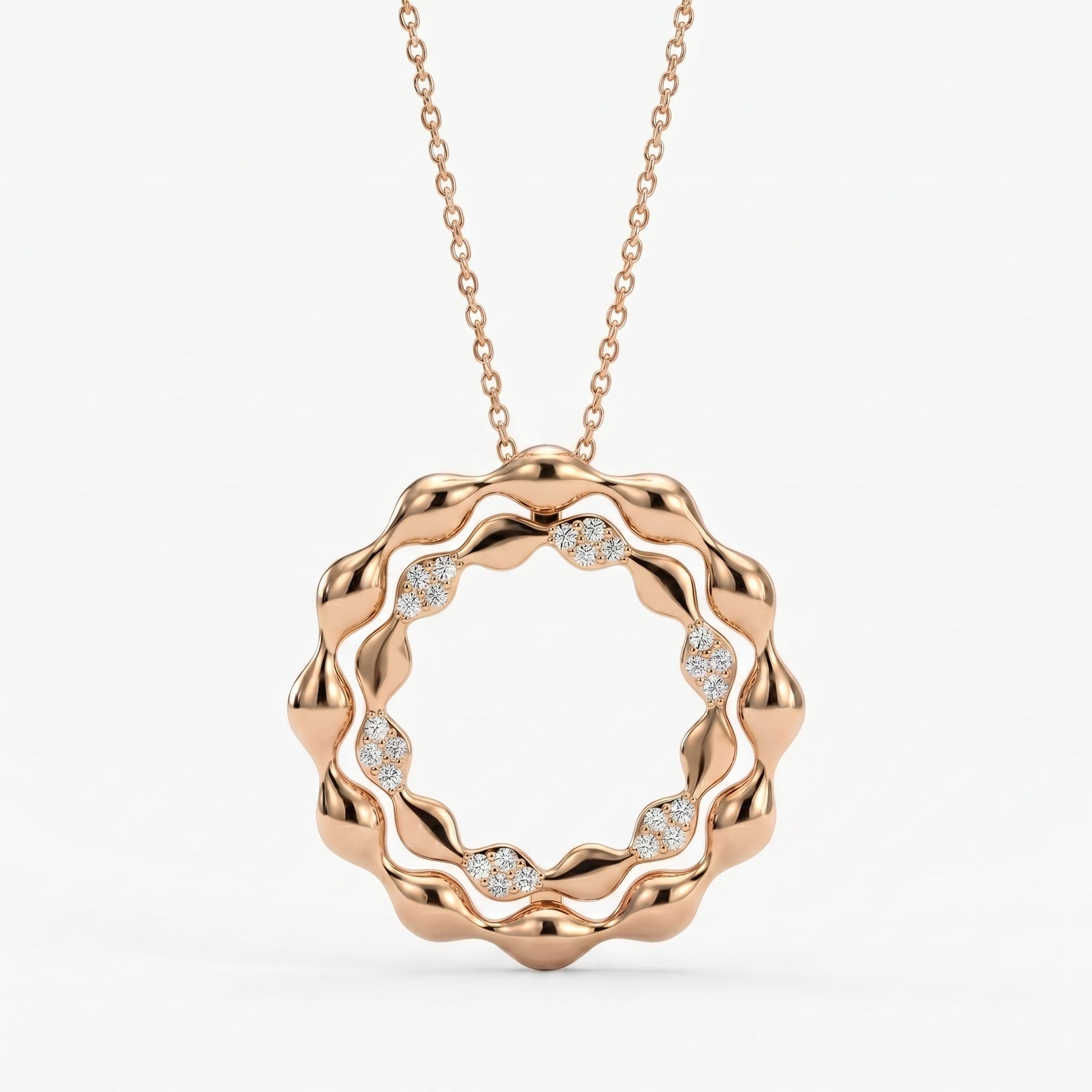 Elegant Diamond Wave Circle Pendant Necklace