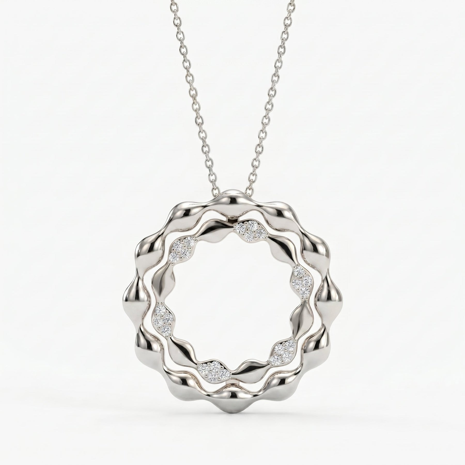 Elegant Diamond Wave Circle Pendant Necklace
