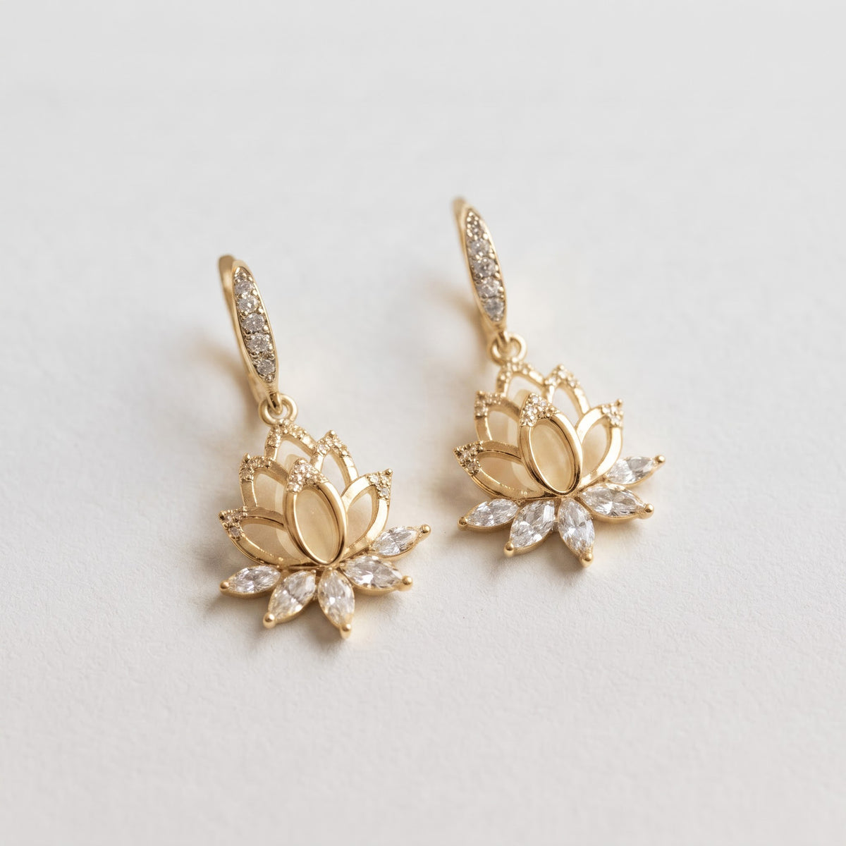 Lotus Flower Drop Earrings | Floral Dangle Earrings, Pear Cut Diamond Earrings