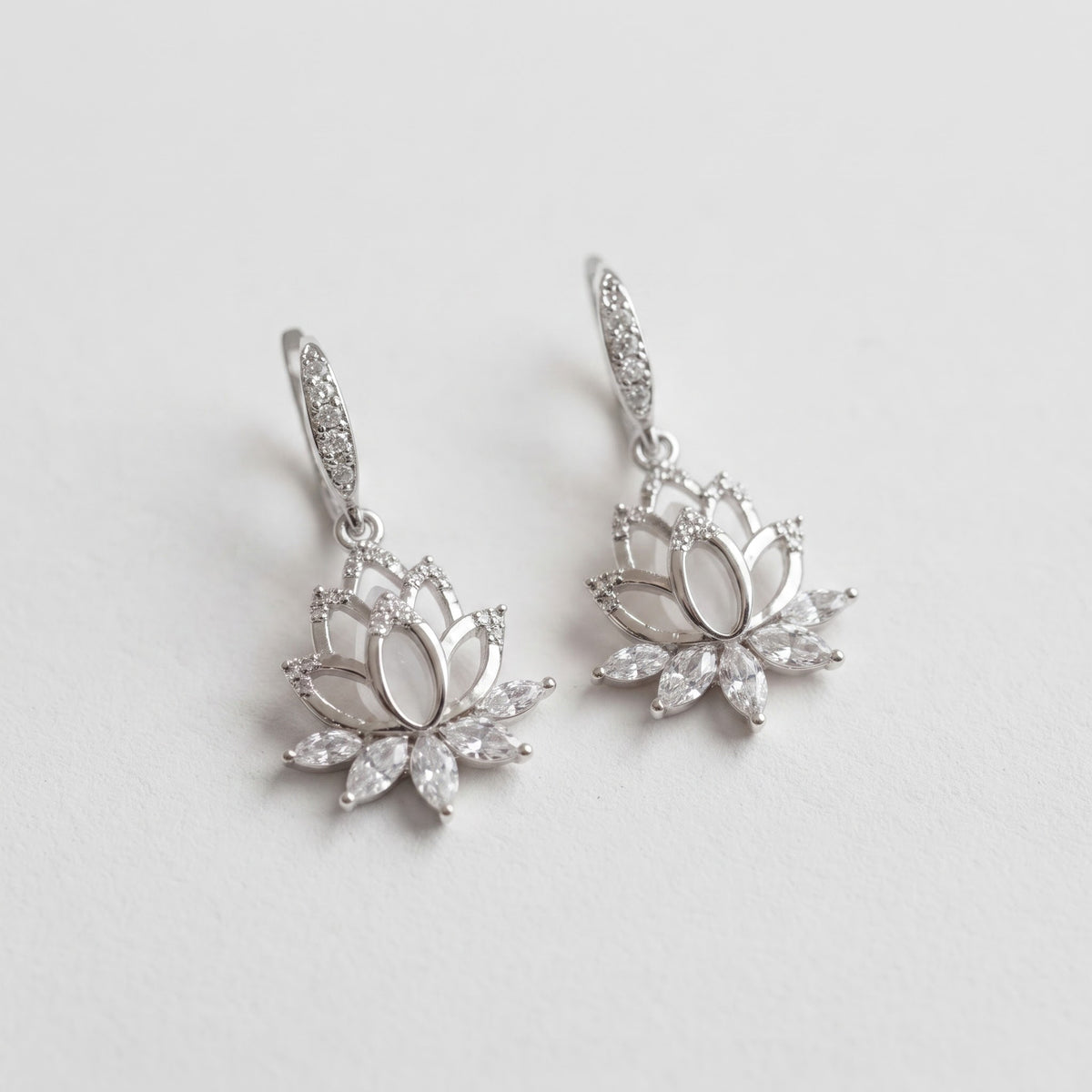 Lotus Flower Drop Earrings | Floral Dangle Earrings, Pear Cut Diamond Earrings