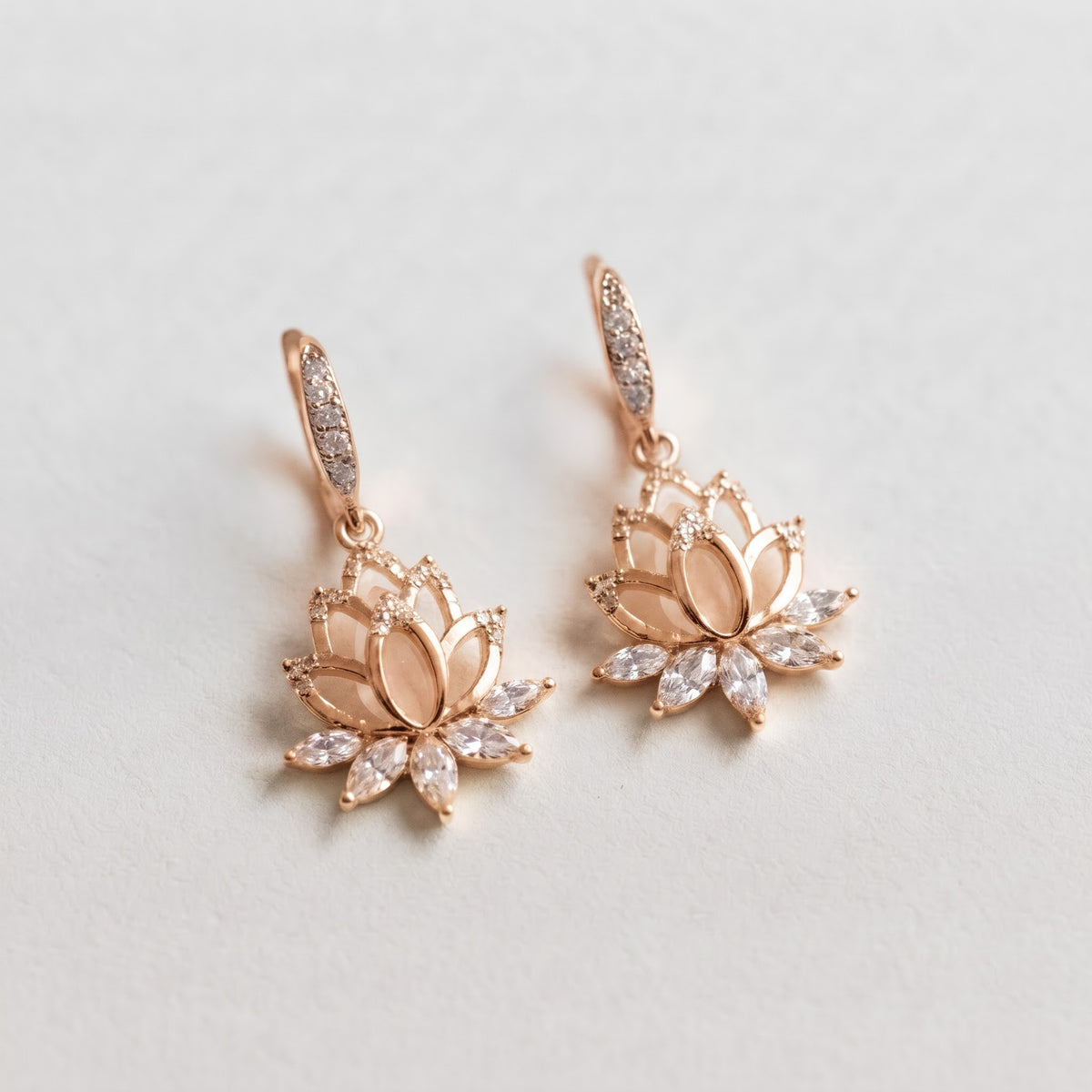 Lotus Flower Drop Earrings | Floral Dangle Earrings, Pear Cut Diamond Earrings