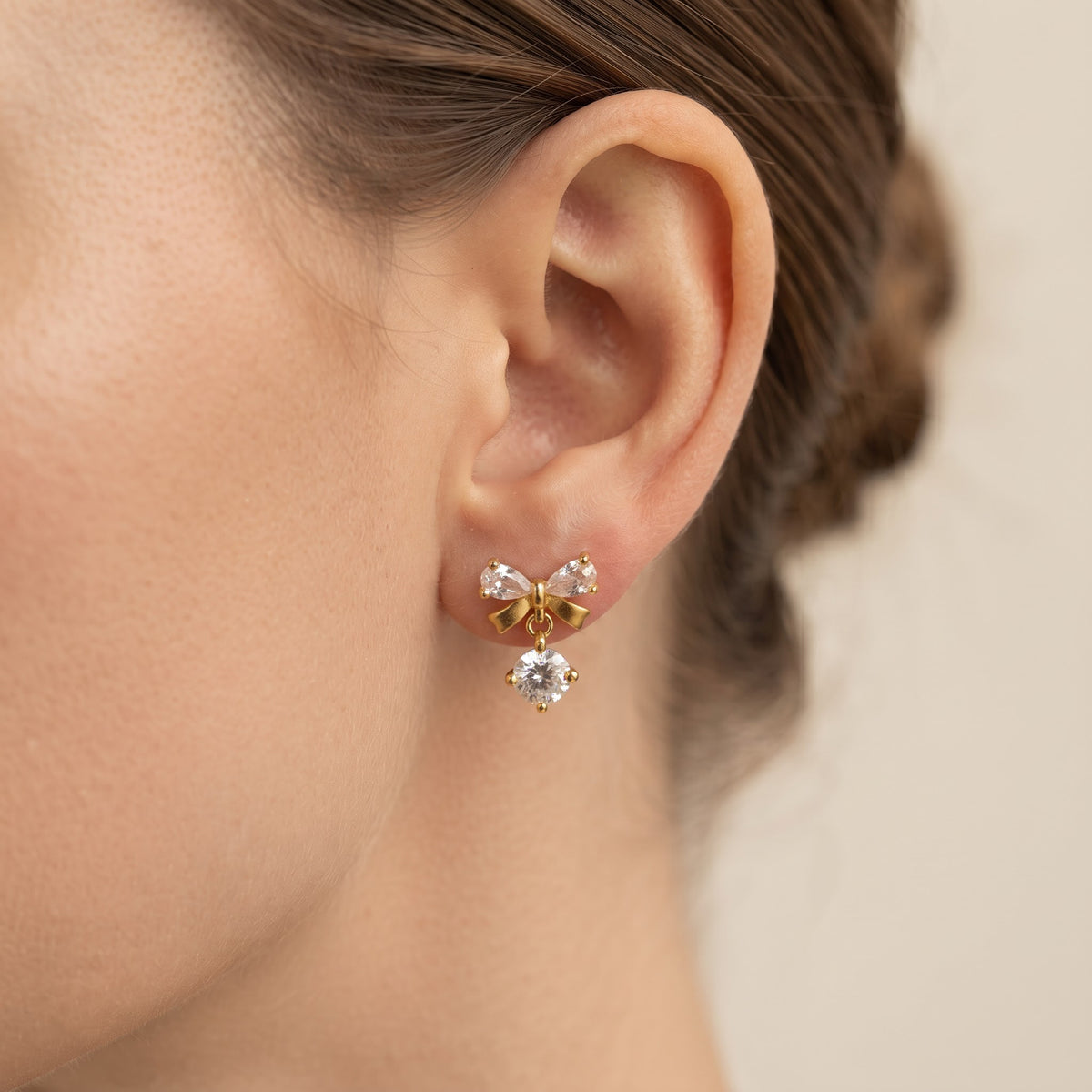 Bow Drop Earrings | CZ Round Earrings | Elegant Ribbon Studs