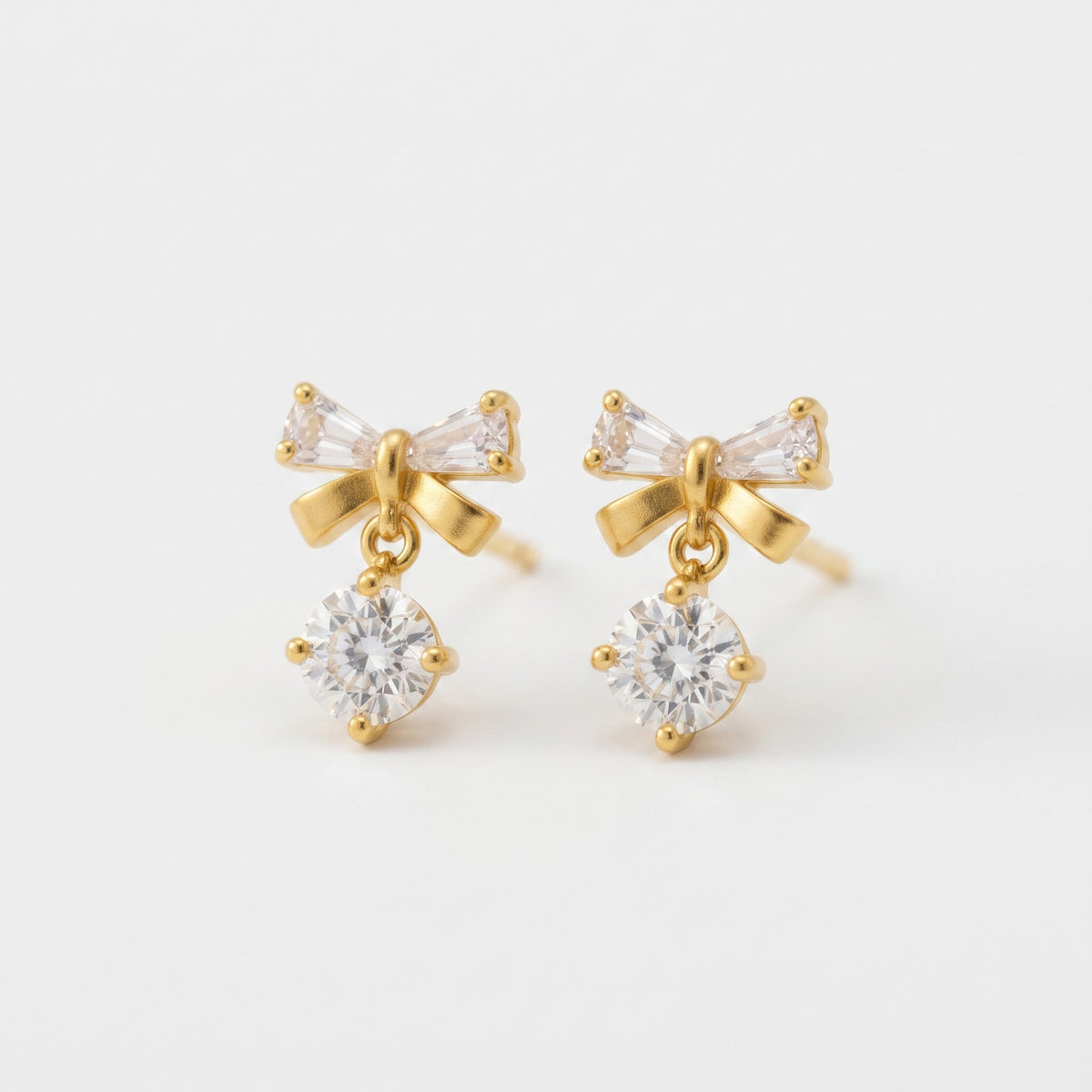 Bow Drop Earrings | CZ Round Earrings | Elegant Ribbon Studs