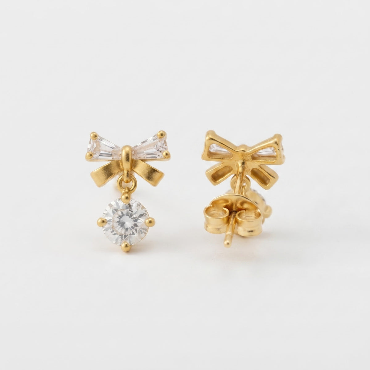 Bow Drop Earrings | CZ Round Earrings | Elegant Ribbon Studs