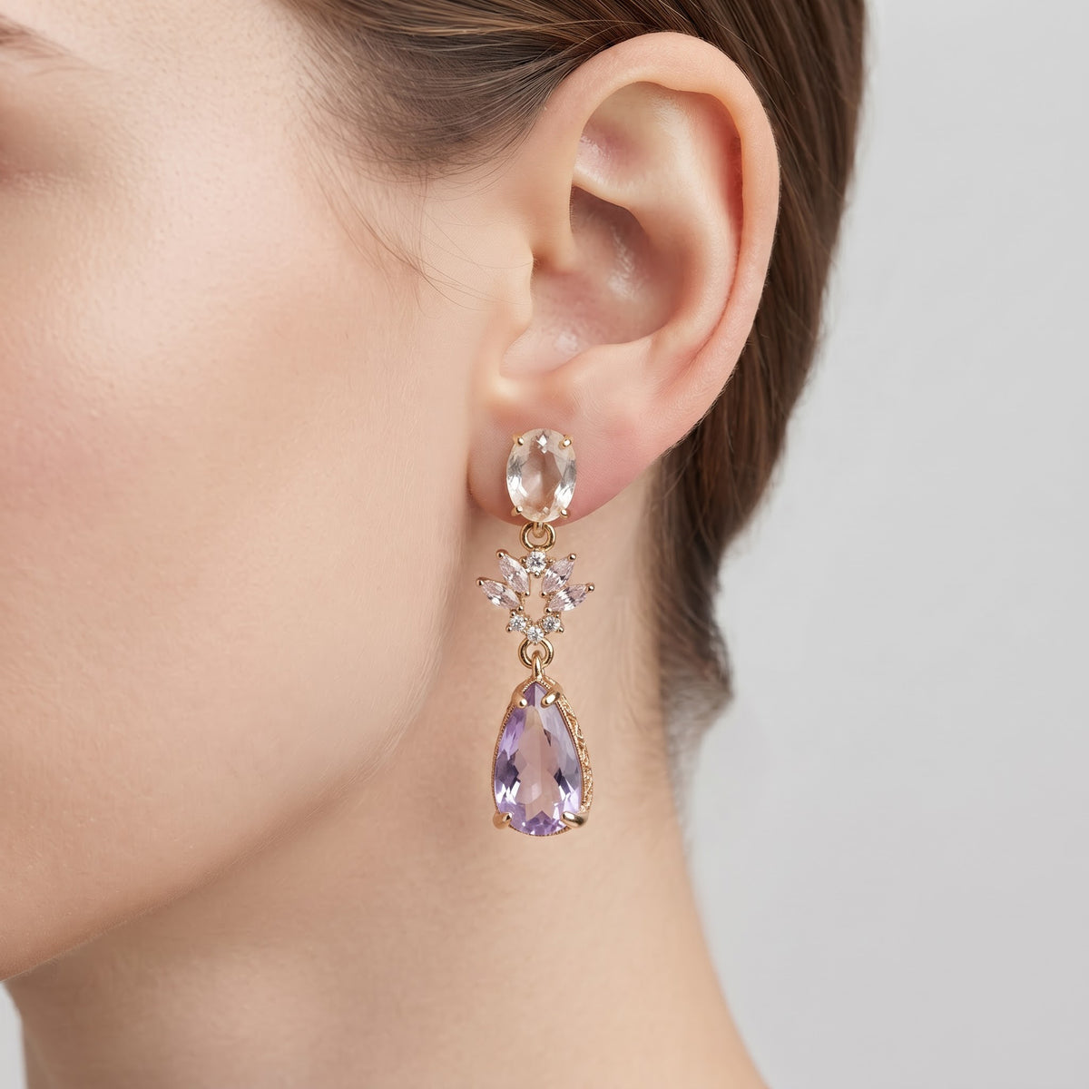 Amethyst Drop Earrings with White Quartz & Diamond Floral Accents