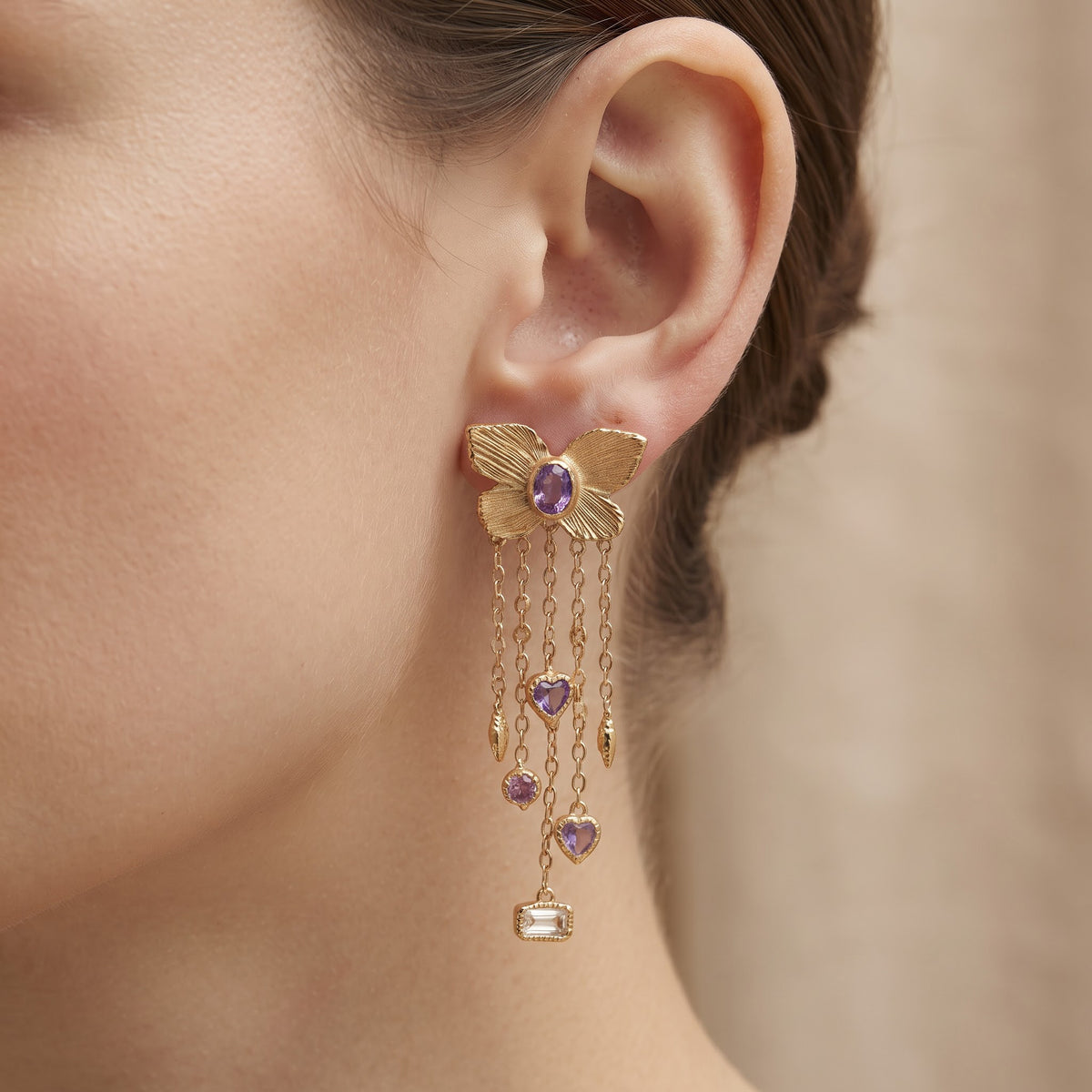 Amethyst Butterfly Drop Earrings | Long Dangle Earrings, Marquise & Emerald Cut Diamond Accents