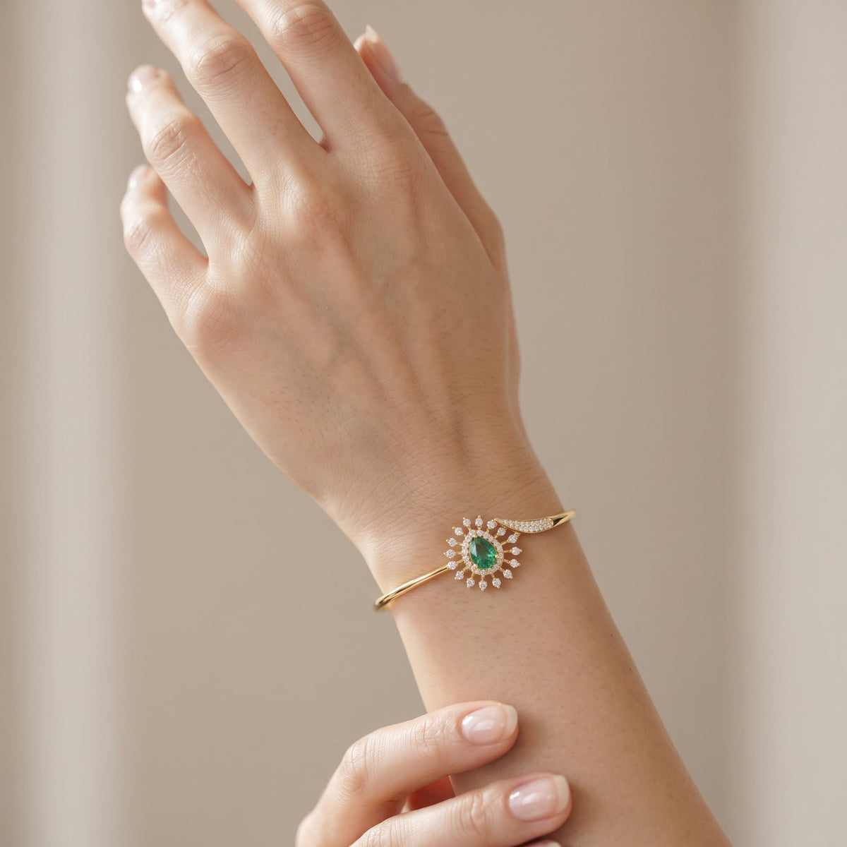 Pear Cut Emerald Diamond Bangle Bracelet | Sunburst Halo Cuff