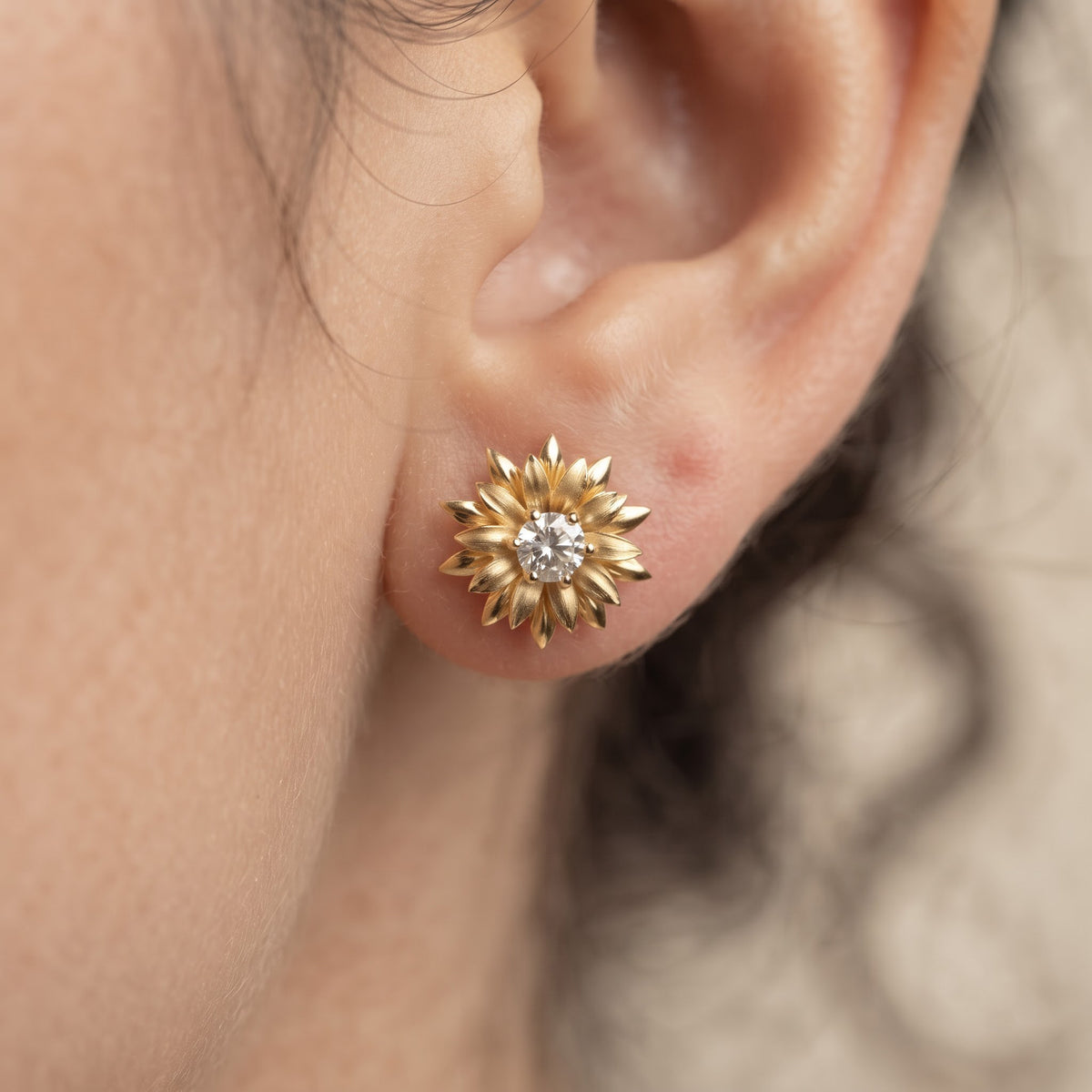 Round Diamond Flower Stud Earrings | Floral Earrings, Statement Botanical Jewelry