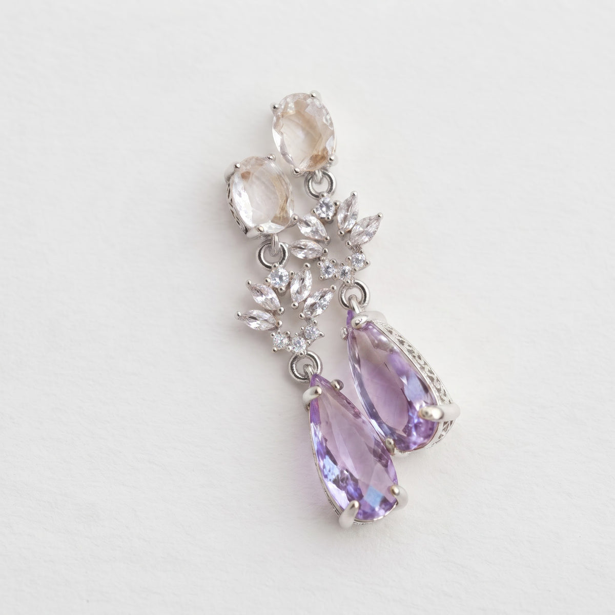 Amethyst Drop Earrings with White Quartz & Diamond Floral Accents