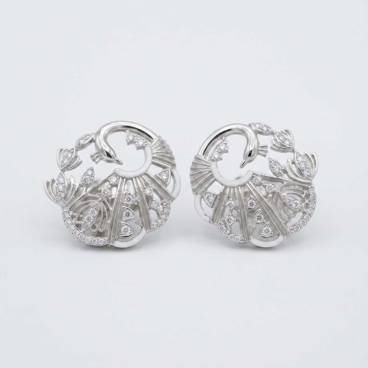 Peacock Diamond Earrings | Round & Pear Shape Diamond Studs, Indian Inspired Statement Earrings