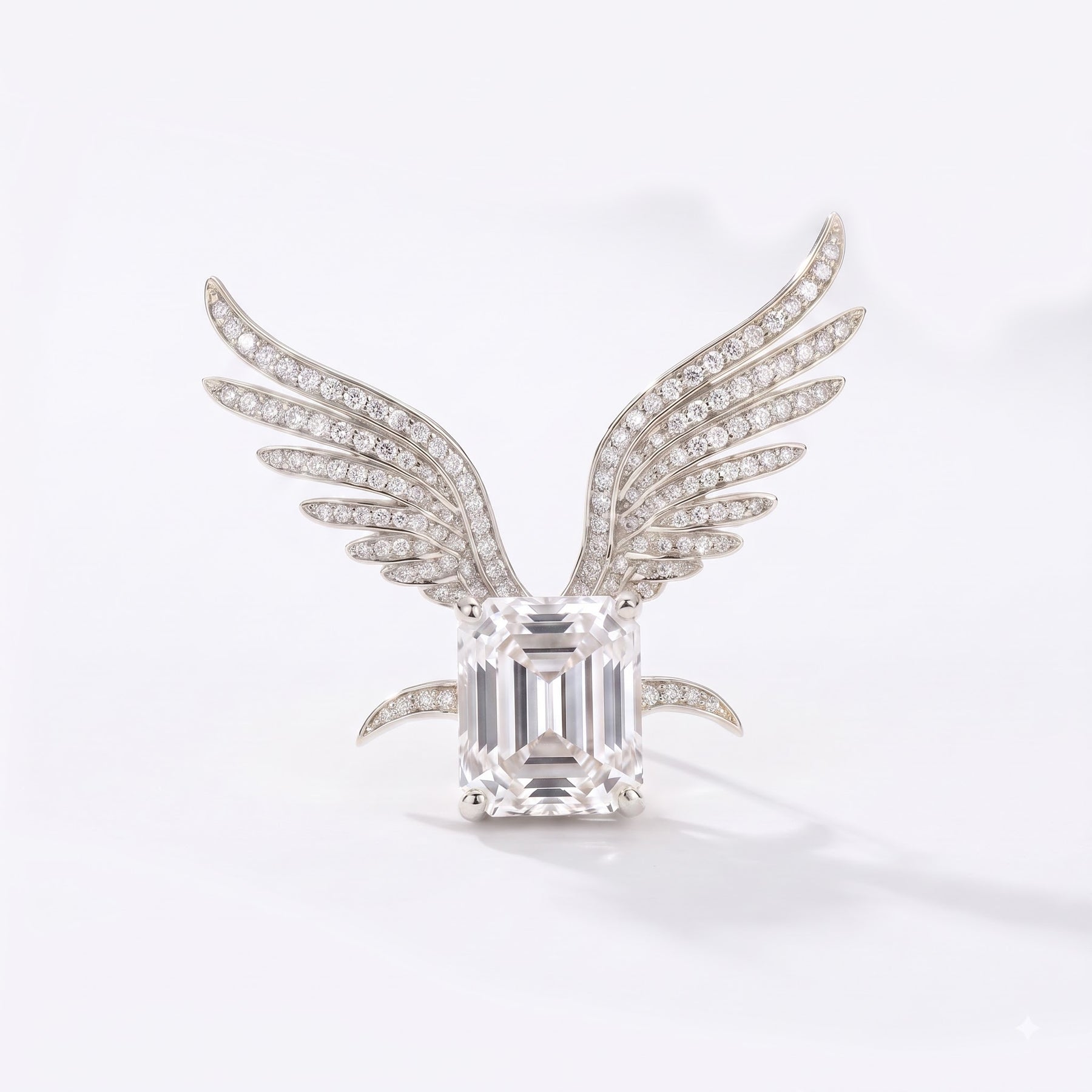 Emerald Cut Lab Diamond Angel Wing Brooch Pin