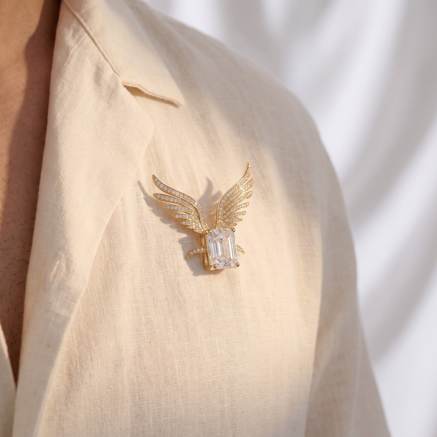 Emerald Cut Lab Diamond Angel Wing Brooch Pin