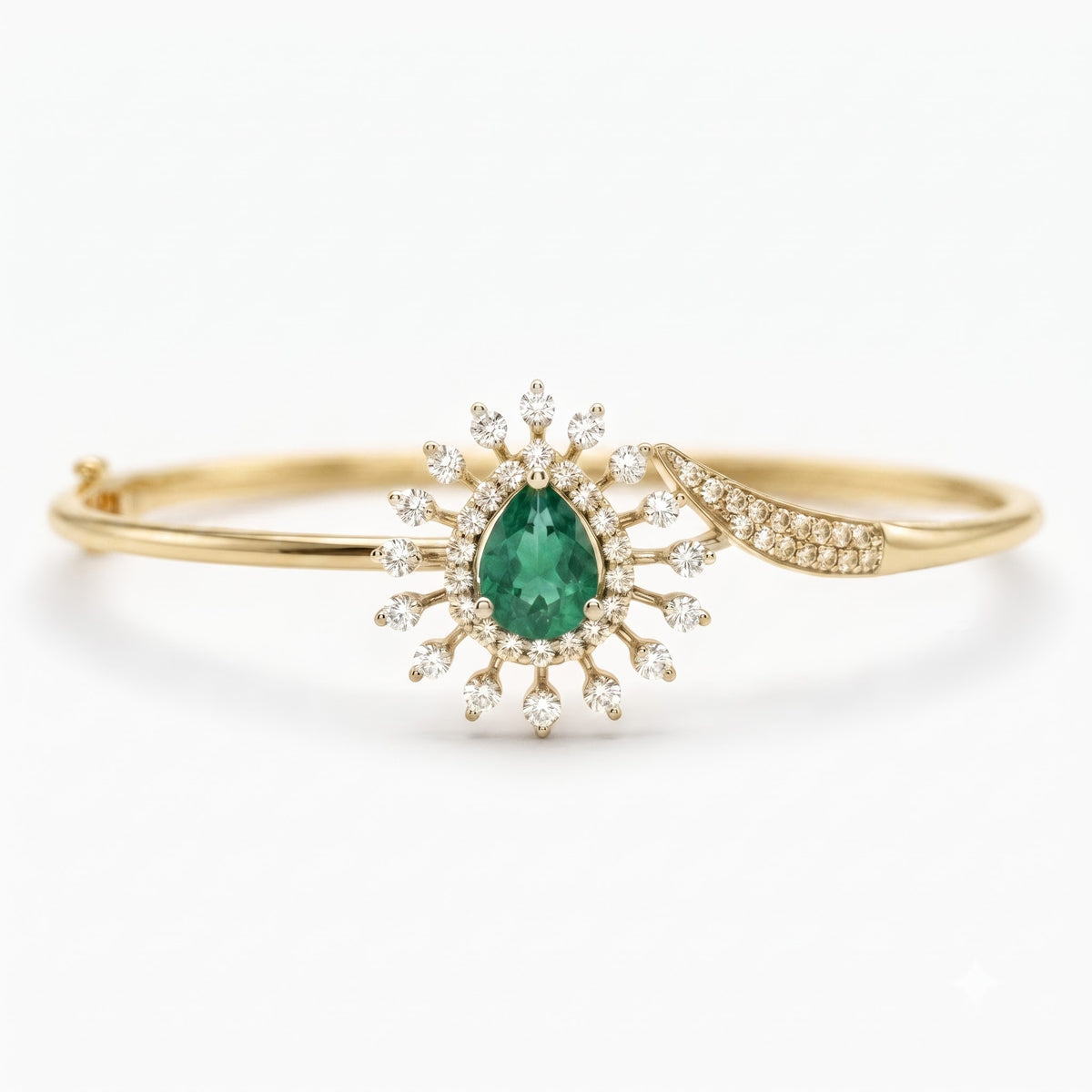 Pear Cut Emerald Diamond Bangle Bracelet | Sunburst Halo Cuff