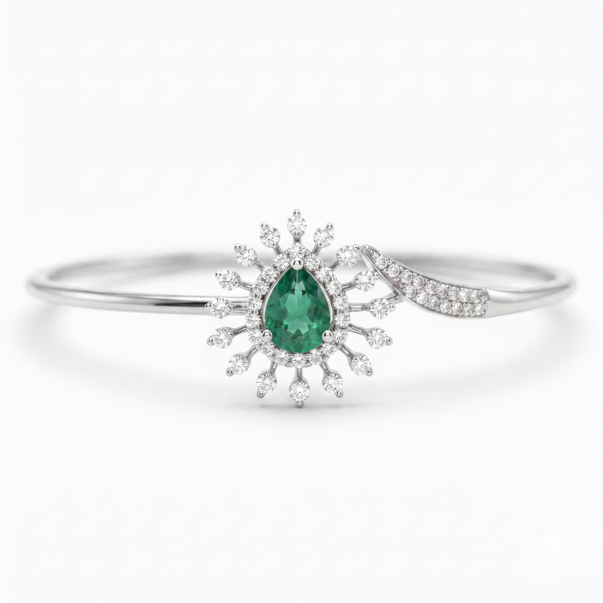 Pear Cut Emerald Diamond Bangle Bracelet | Sunburst Halo Cuff